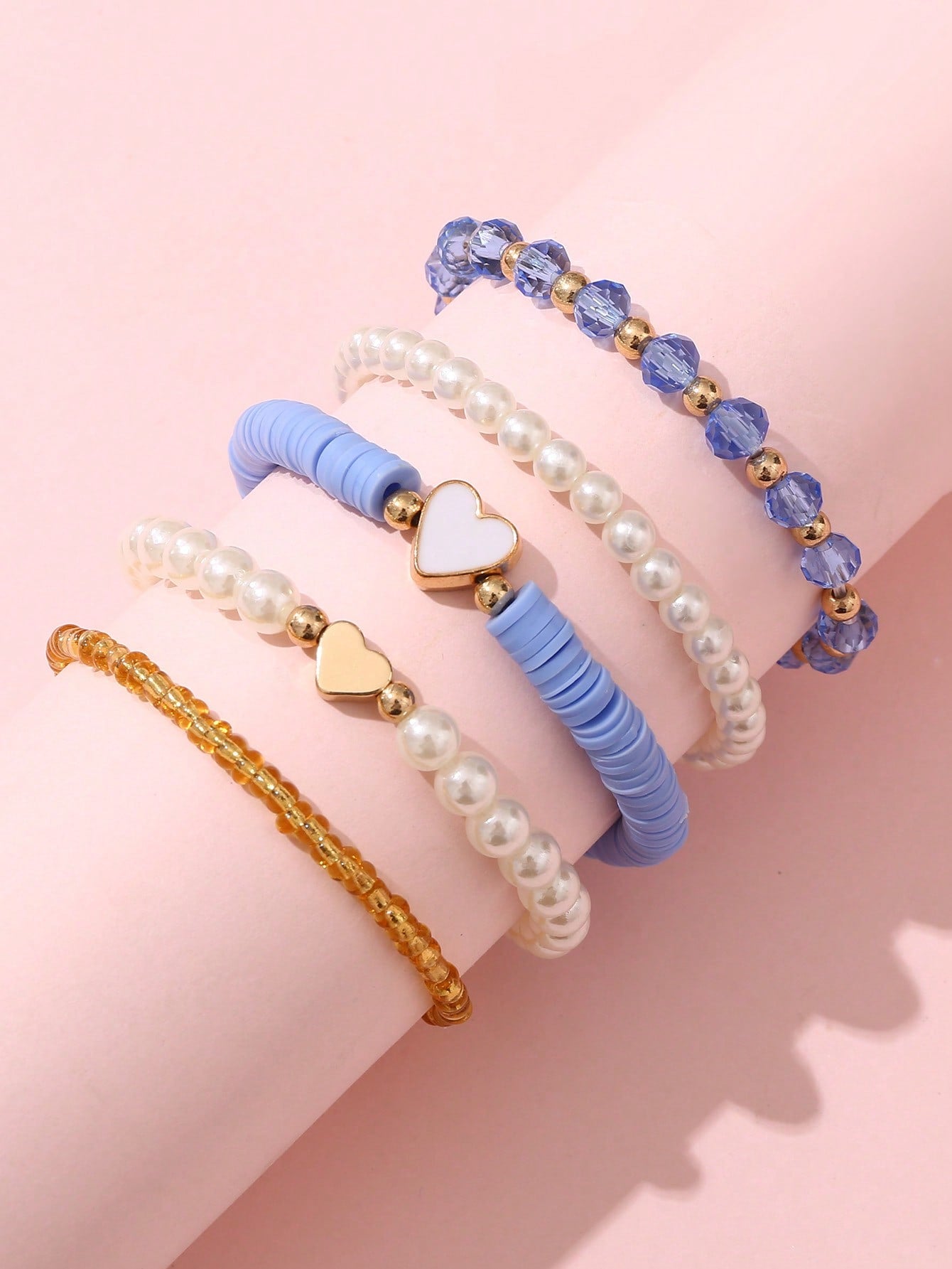 5pcs Girls' Butterfly Shaped Beaded Bracelets With Seashell And Faux Pearl Detail