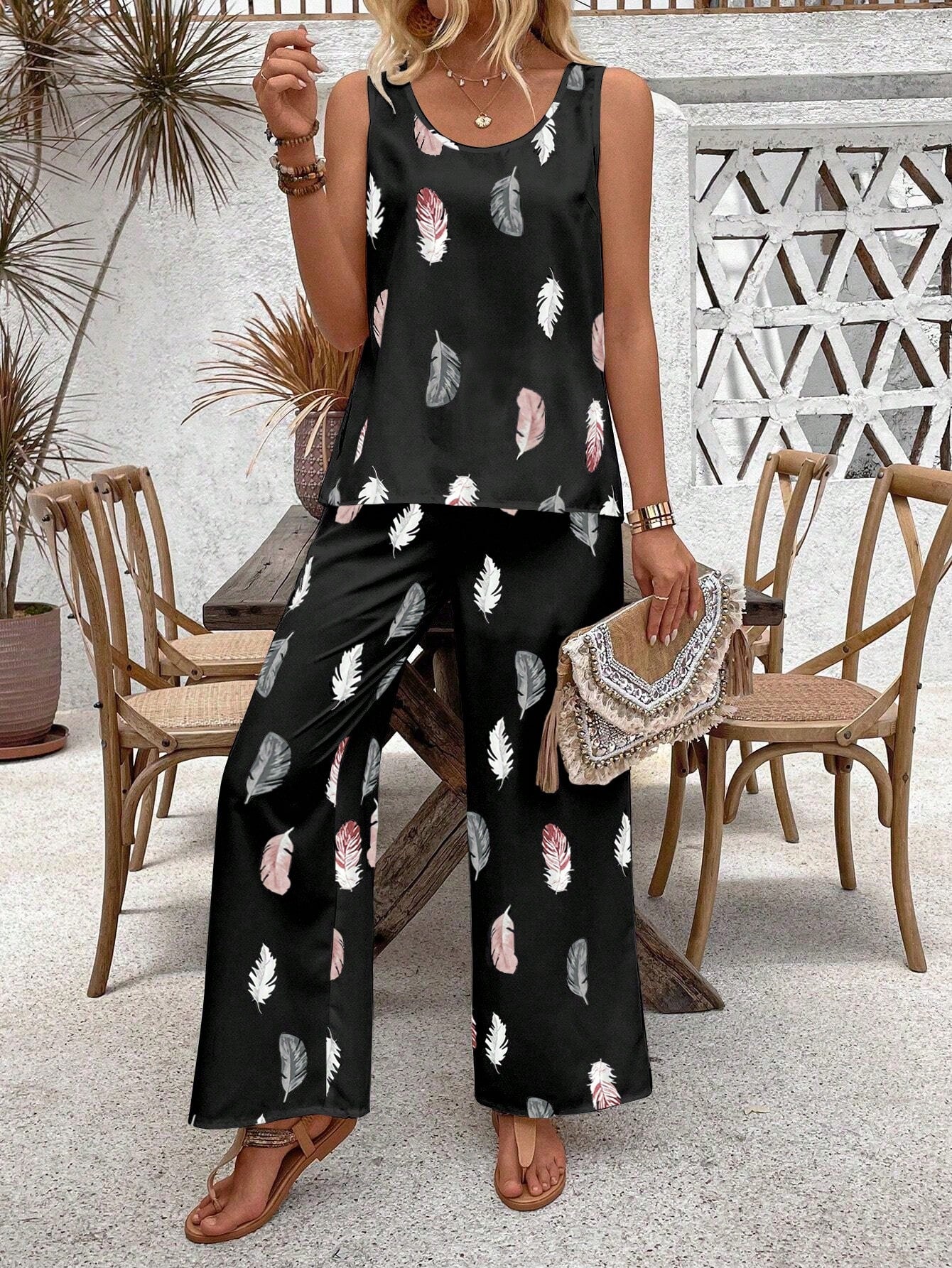 EMERY ROSE Sleeveless Feather Printed Top And Long Pants Set With Wide Round Neckline, Summer Casual Outfit