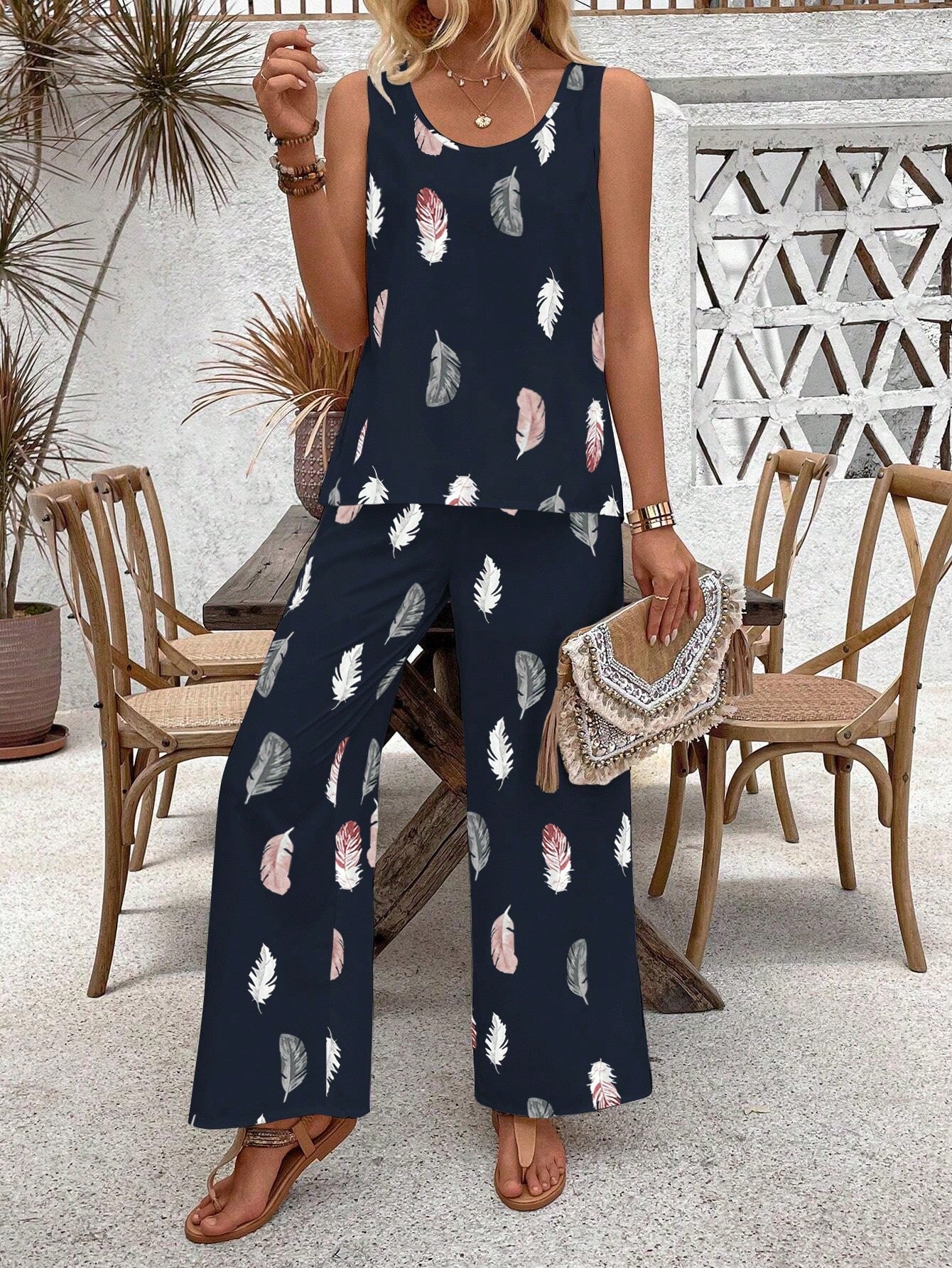 EMERY ROSE Sleeveless Feather Printed Top And Long Pants Set With Wide Round Neckline, Summer Casual Outfit