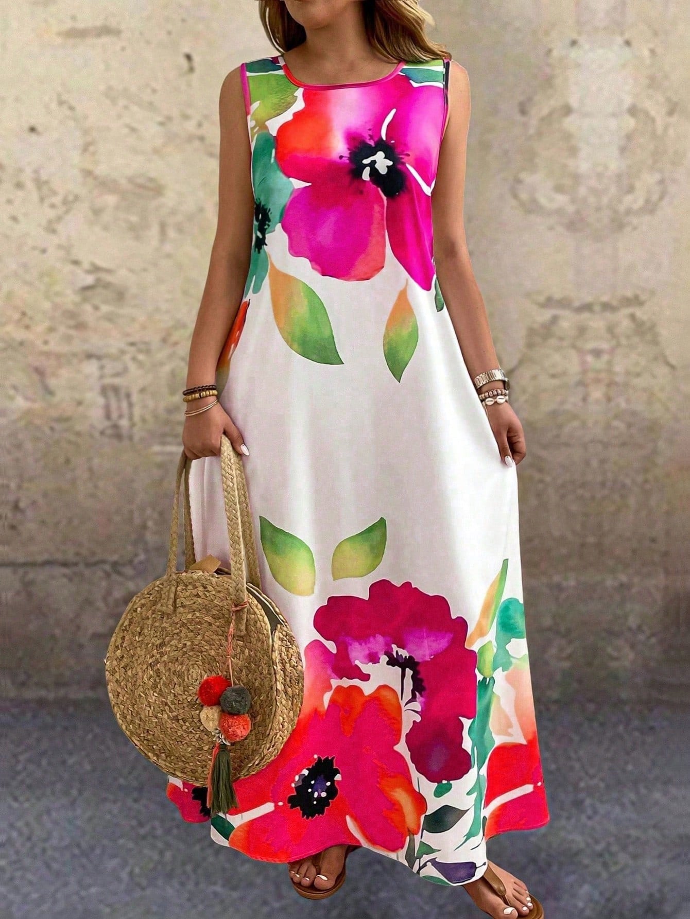 LUNE Women Floral Print Round Neck Sleeveless Loose Elegant Chic Dress Maxi Women Outfit