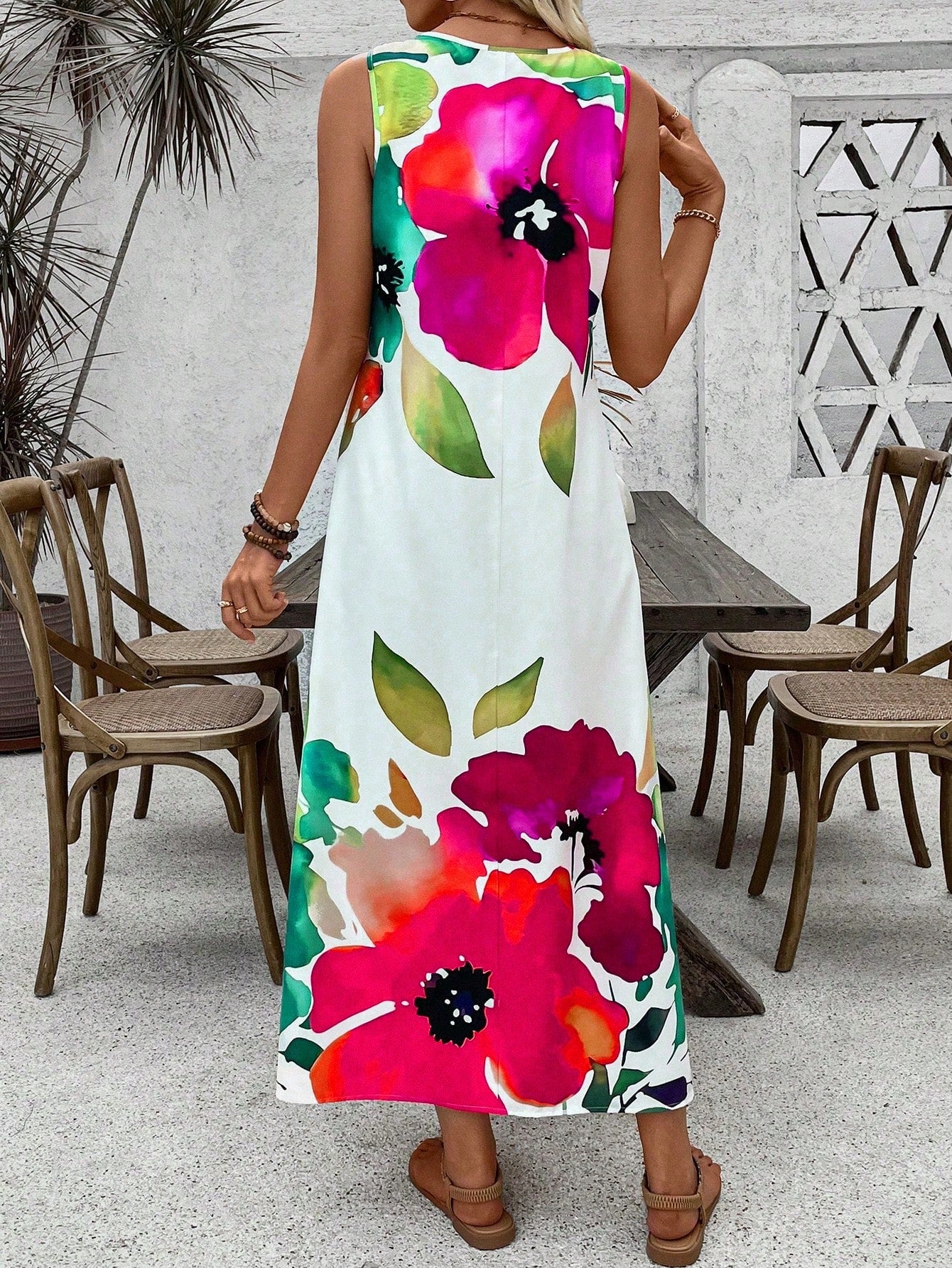 LUNE Women Floral Print Round Neck Sleeveless Loose Elegant Chic Dress Maxi Women Outfit