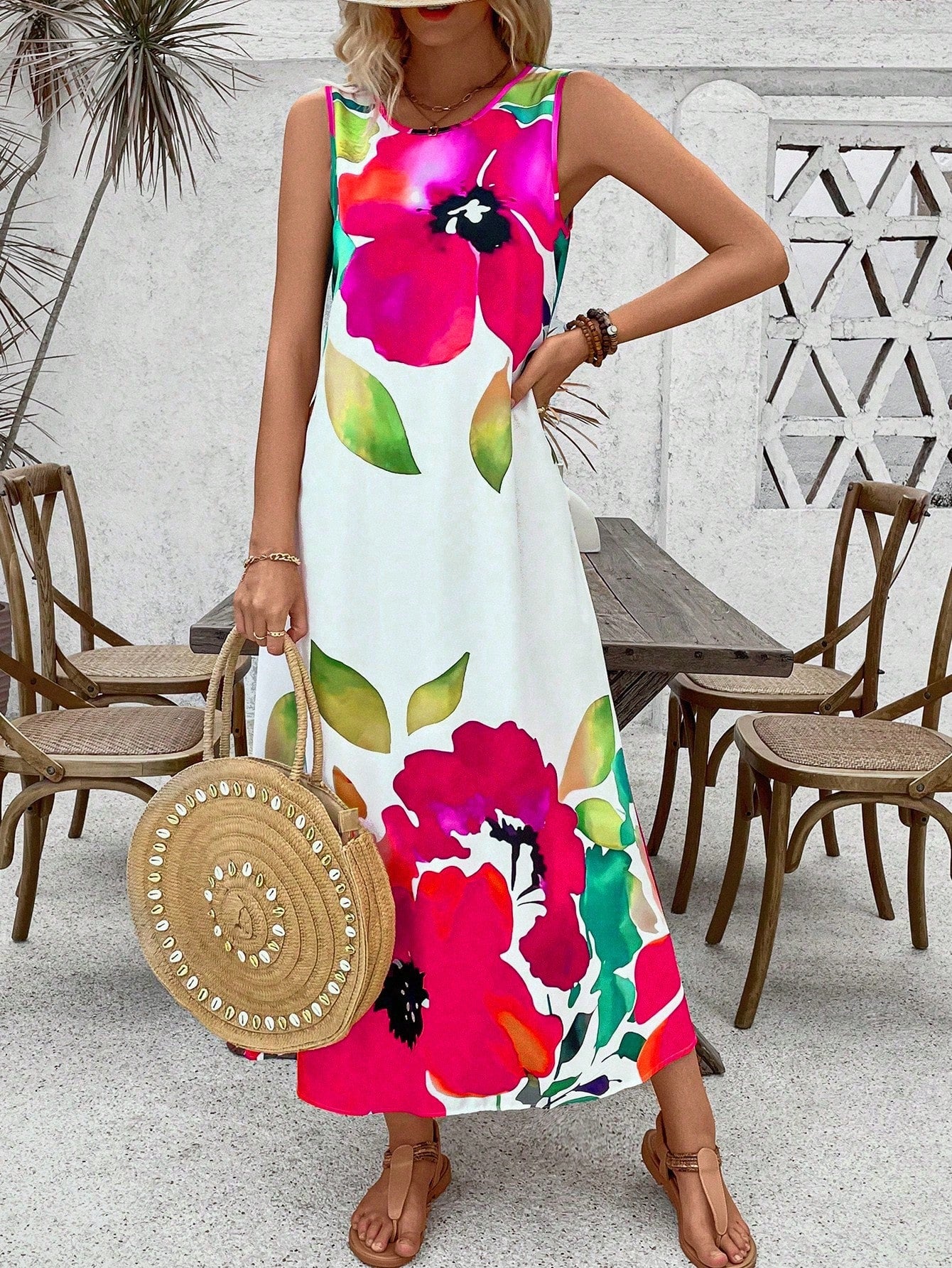 LUNE Women Floral Print Round Neck Sleeveless Loose Elegant Chic Dress Maxi Women Outfit