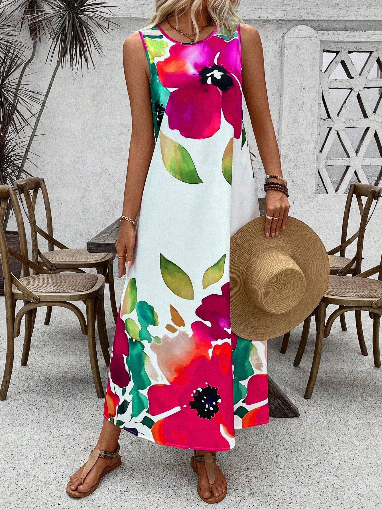 LUNE Women Floral Print Round Neck Sleeveless Loose Elegant Chic Dress Maxi Women Outfit