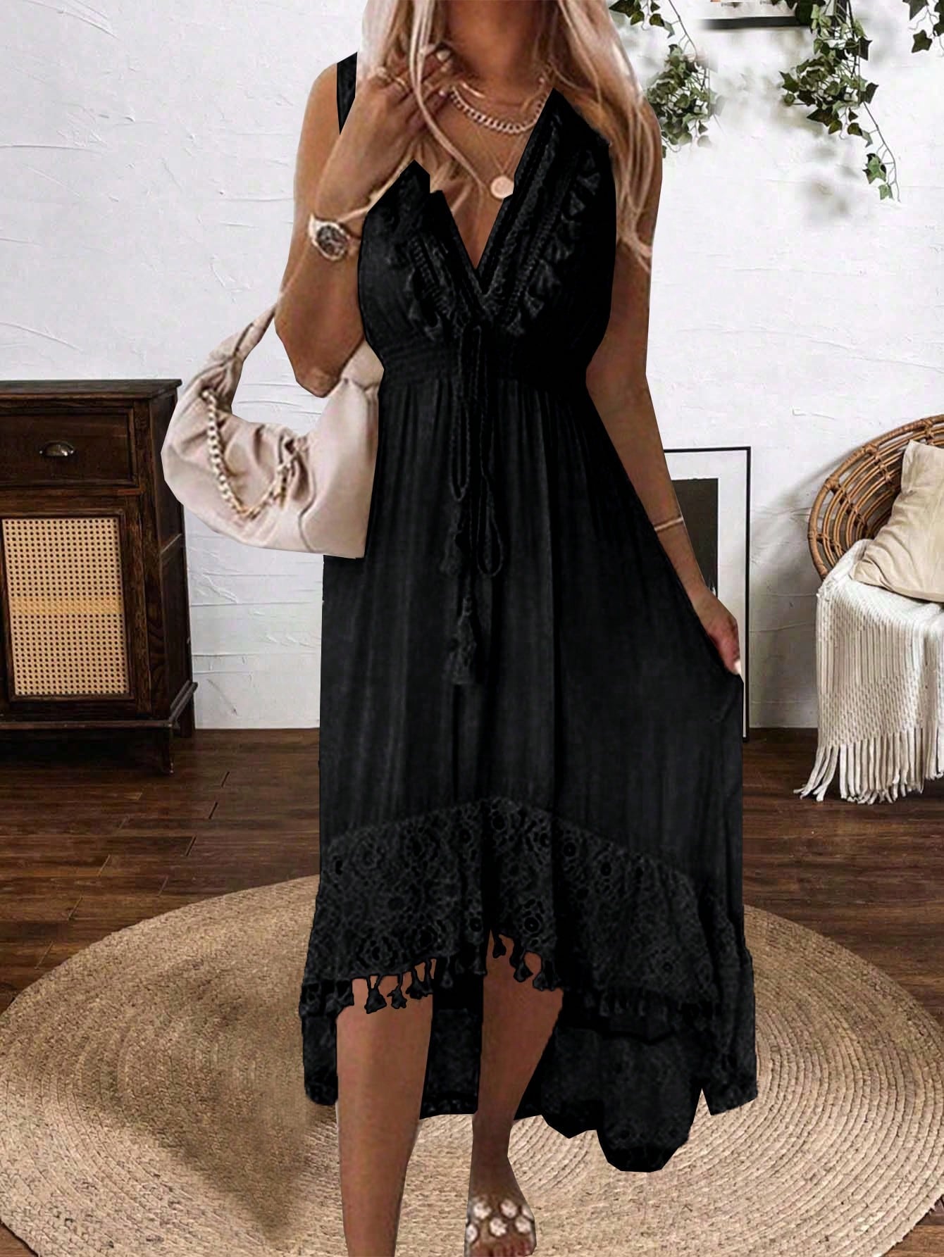 Patchwork Lace Fringe V-Neck Sleeveless Asymmetrical Midi Dress With Waist Tie