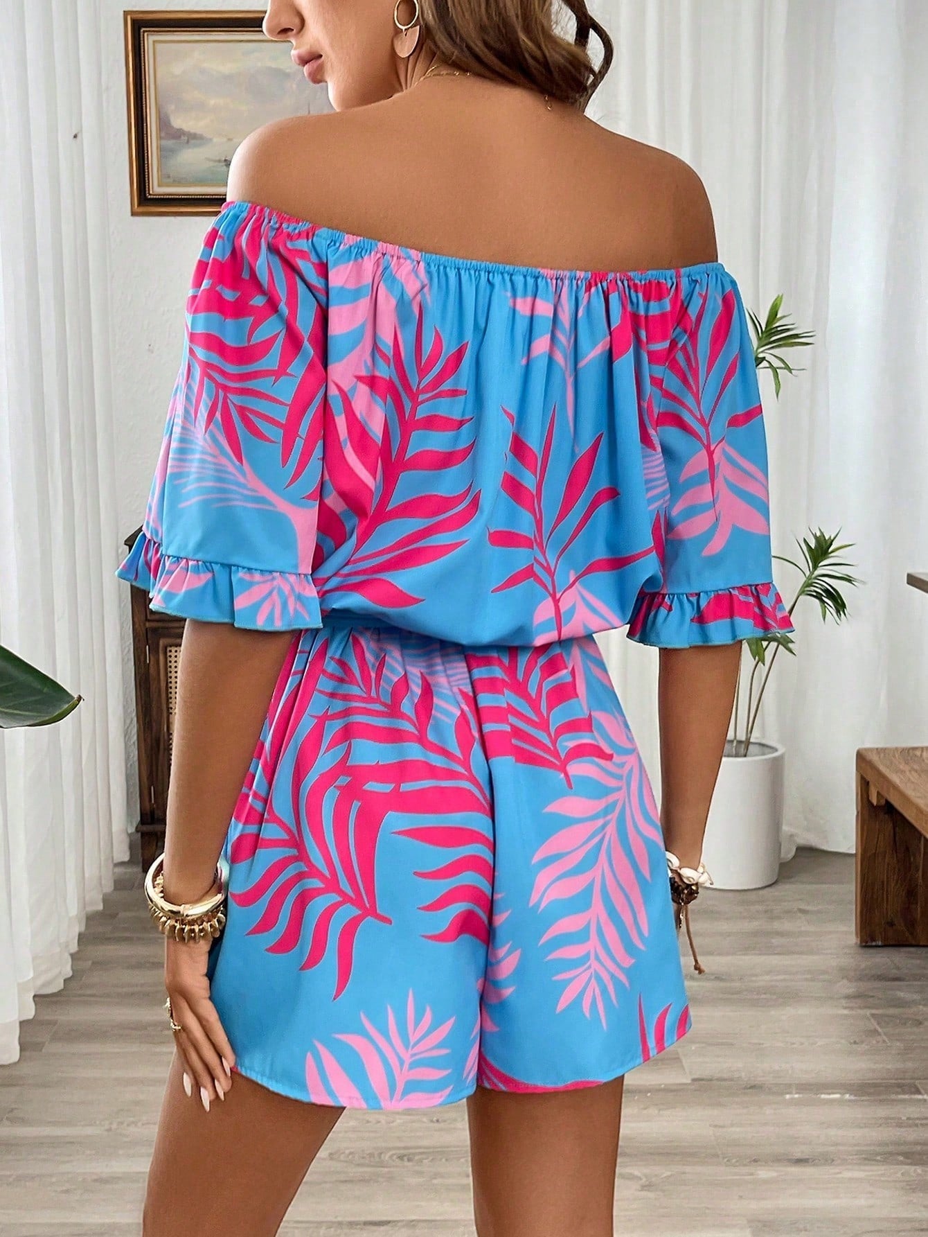 Holidaya Off Shoulder Hawaiian Style Jumpsuit With Puff Sleeves, Elastic Waist And Shorts