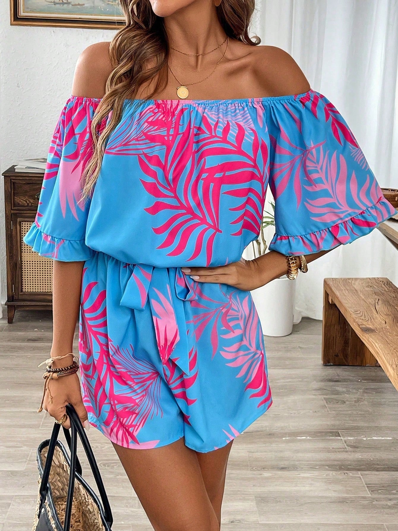 Holidaya Off Shoulder Hawaiian Style Jumpsuit With Puff Sleeves, Elastic Waist And Shorts