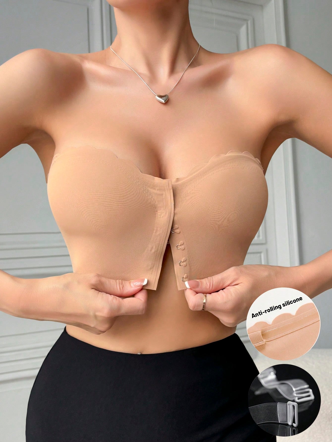 Women Strapless Bra - Seamless Smooth Construction, Solid Color, Wire-Free Comfort - Scallop Trim Design With Anti-Rolling Silicone Grip For Secure, Casual Style, Lingerie