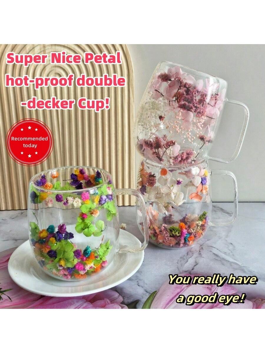 1pc Elegant Floral Double Layer Heat-Resistant Glass Coffee Cup/Water Mug For Home Use