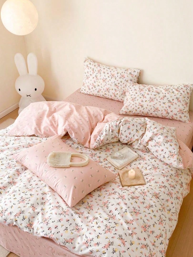 3pcs  Korean Style Floral Bedding Set, Soft