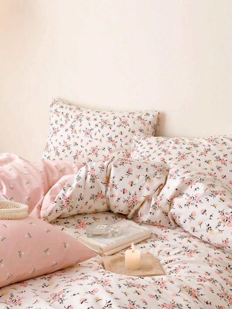 3pcs  Korean Style Floral Bedding Set, Soft