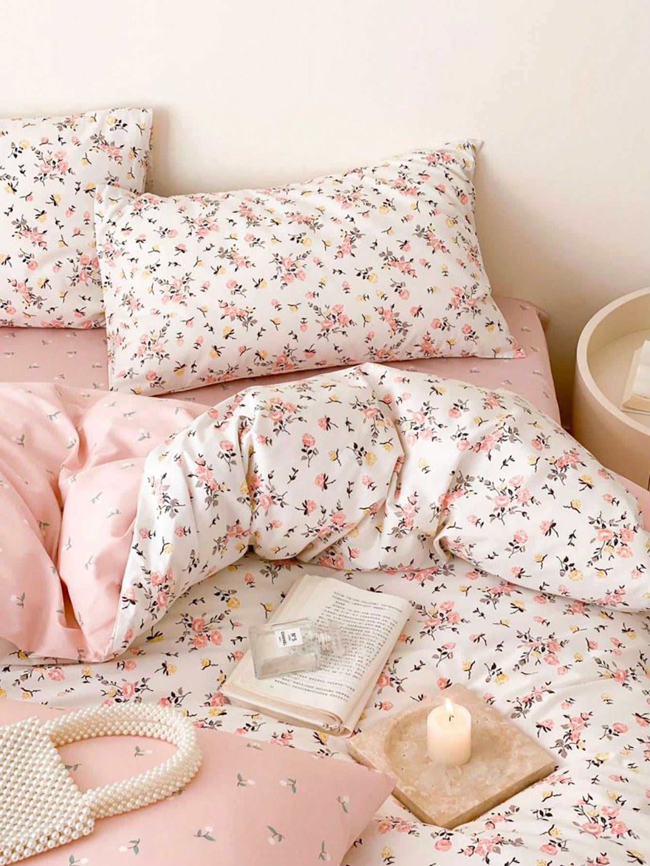 3pcs  Korean Style Floral Bedding Set, Soft