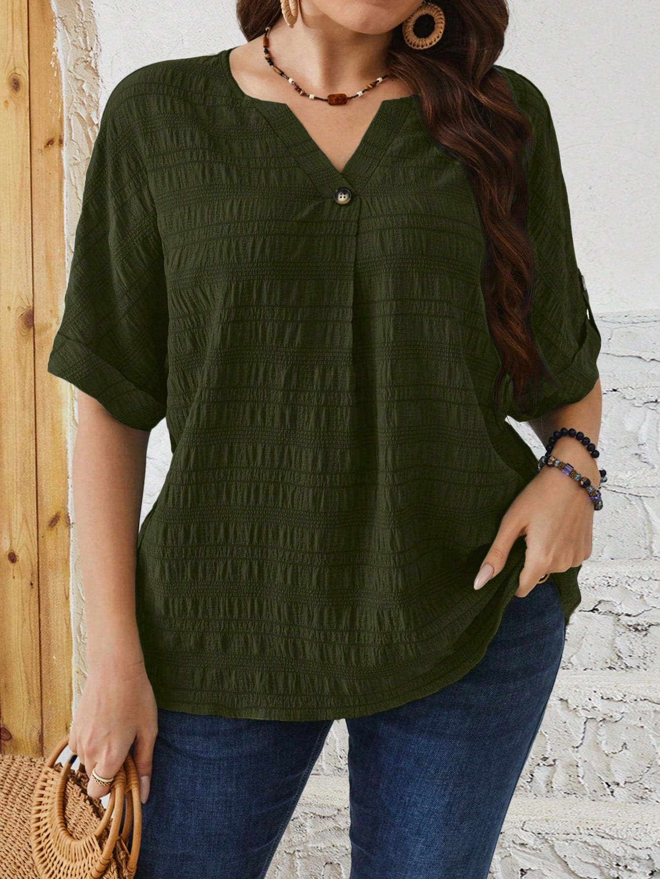 EMERY ROSE Plus Size Relaxed Fit Casual Button Down Shirt With Notched V-Neck And Batwing Sleeves