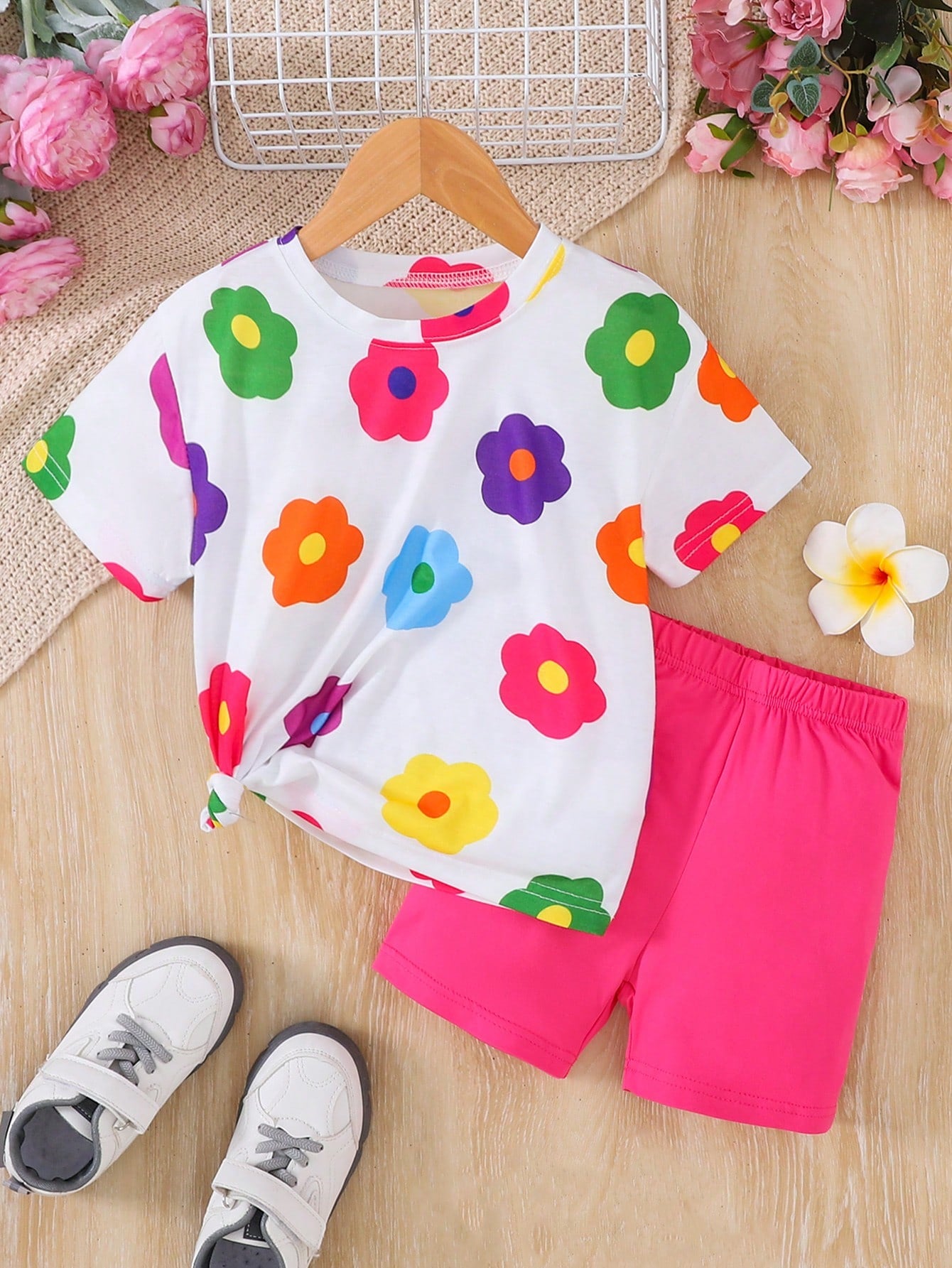 2pcs Young Girl Casual Colorful Floral Pattern Set, Summer