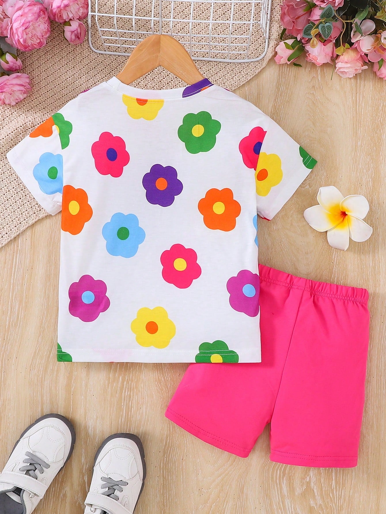 2pcs Young Girl Casual Colorful Floral Pattern Set, Summer