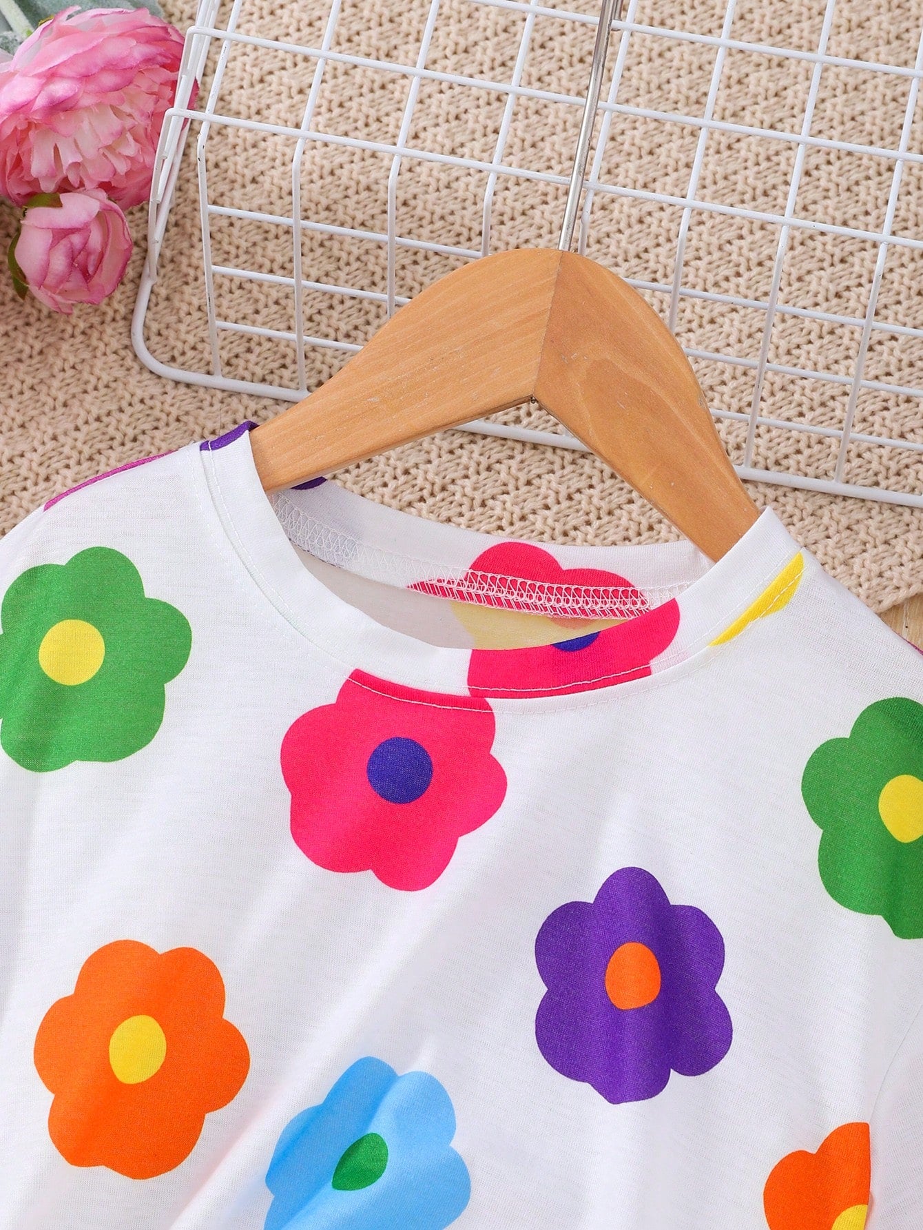 2pcs Young Girl Casual Colorful Floral Pattern Set, Summer