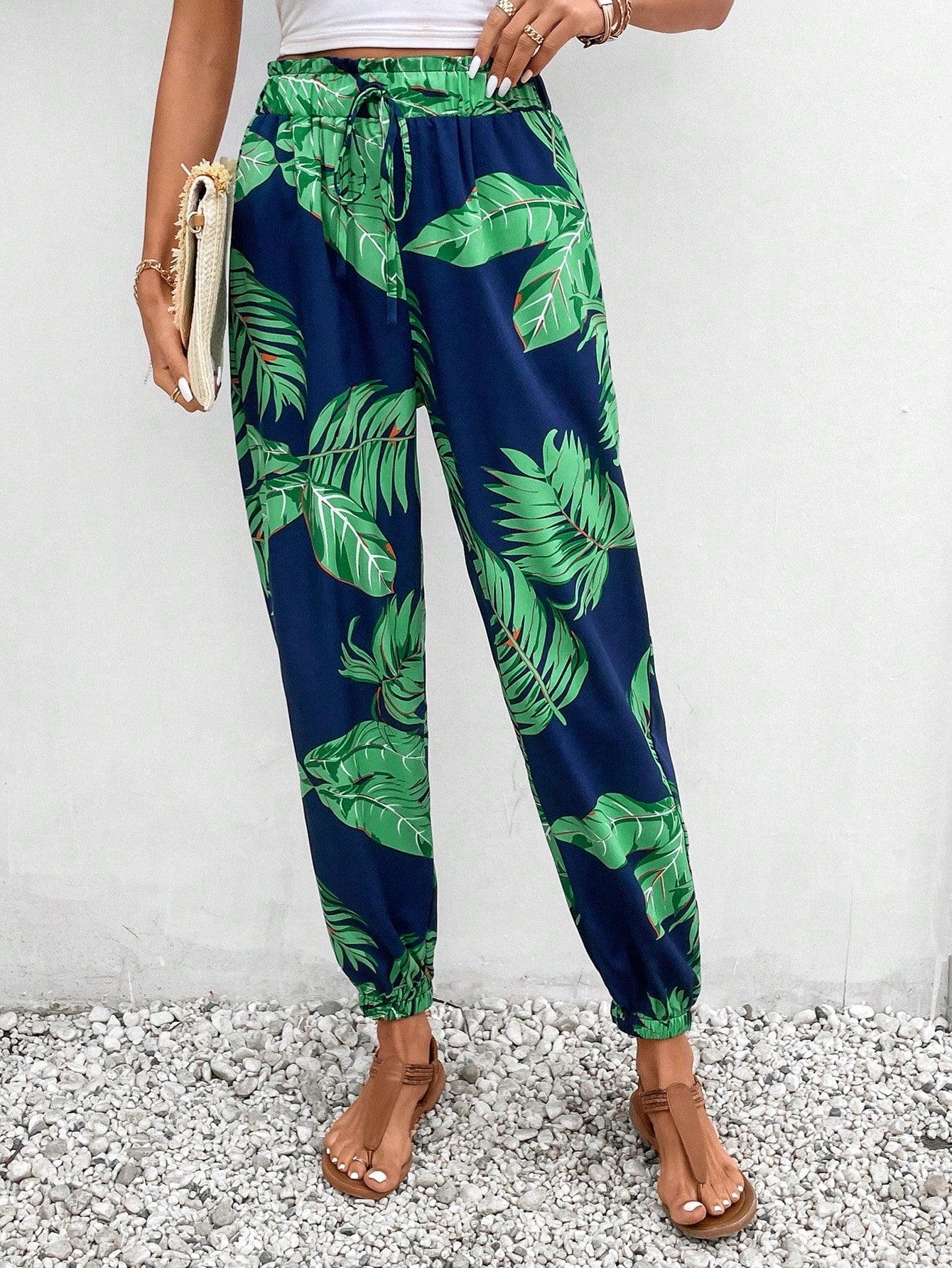 VCAY Tropical Print Paperbag Waist Belted Pants