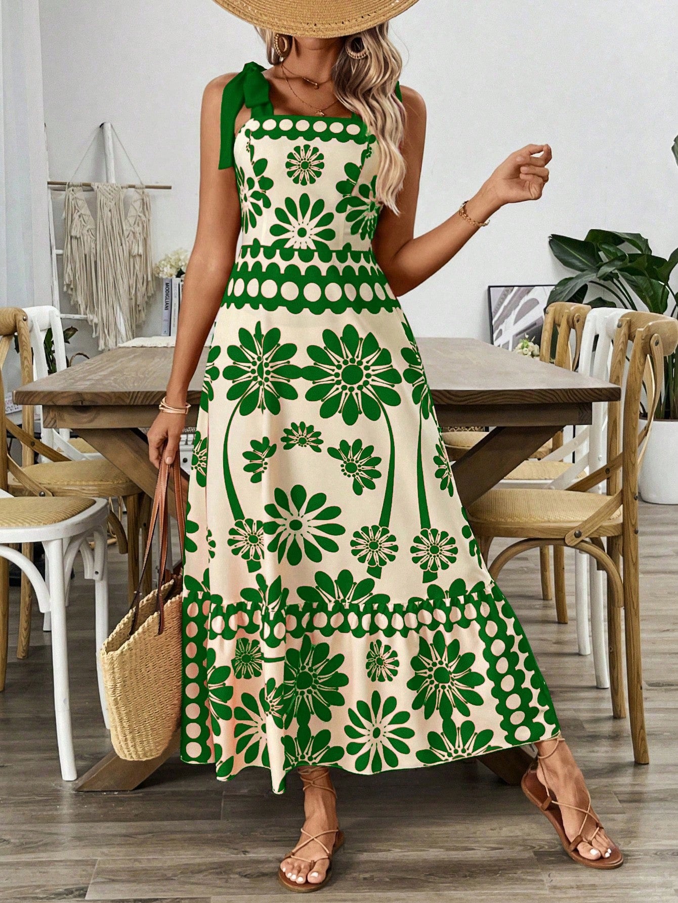 VCAY Vintage Print Laced Shoulder Cut-Out Waist Summer Maxi Dress