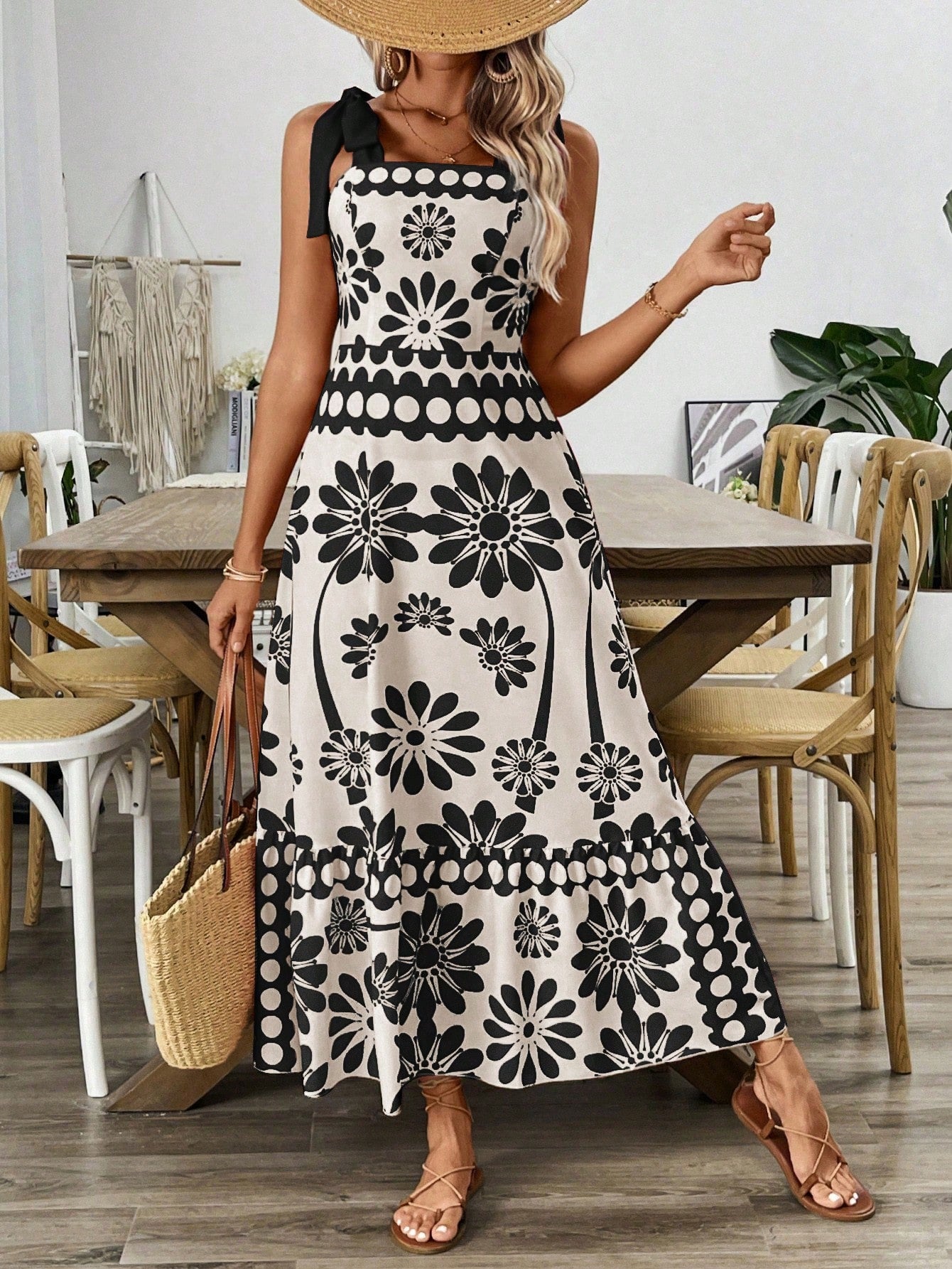 VCAY Vintage Print Laced Shoulder Cut-Out Waist Summer Maxi Dress