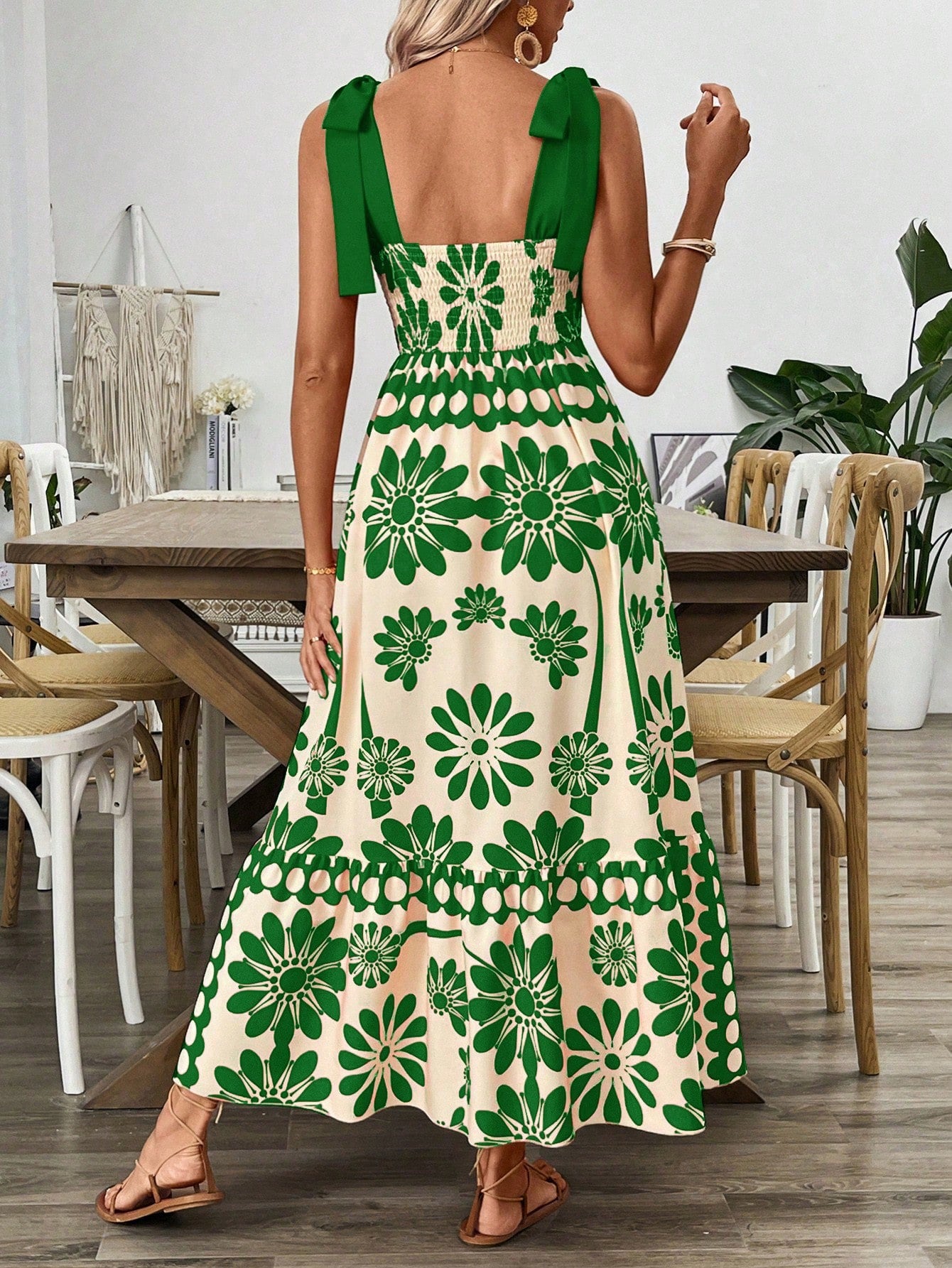 VCAY Vintage Print Laced Shoulder Cut-Out Waist Summer Maxi Dress