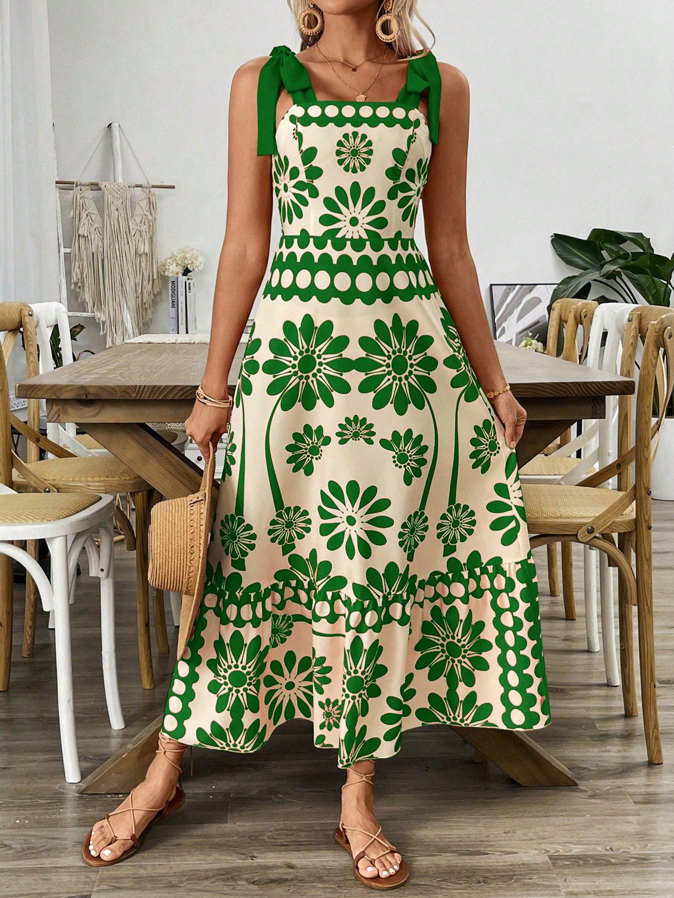 VCAY Vintage Print Laced Shoulder Cut-Out Waist Summer Maxi Dress