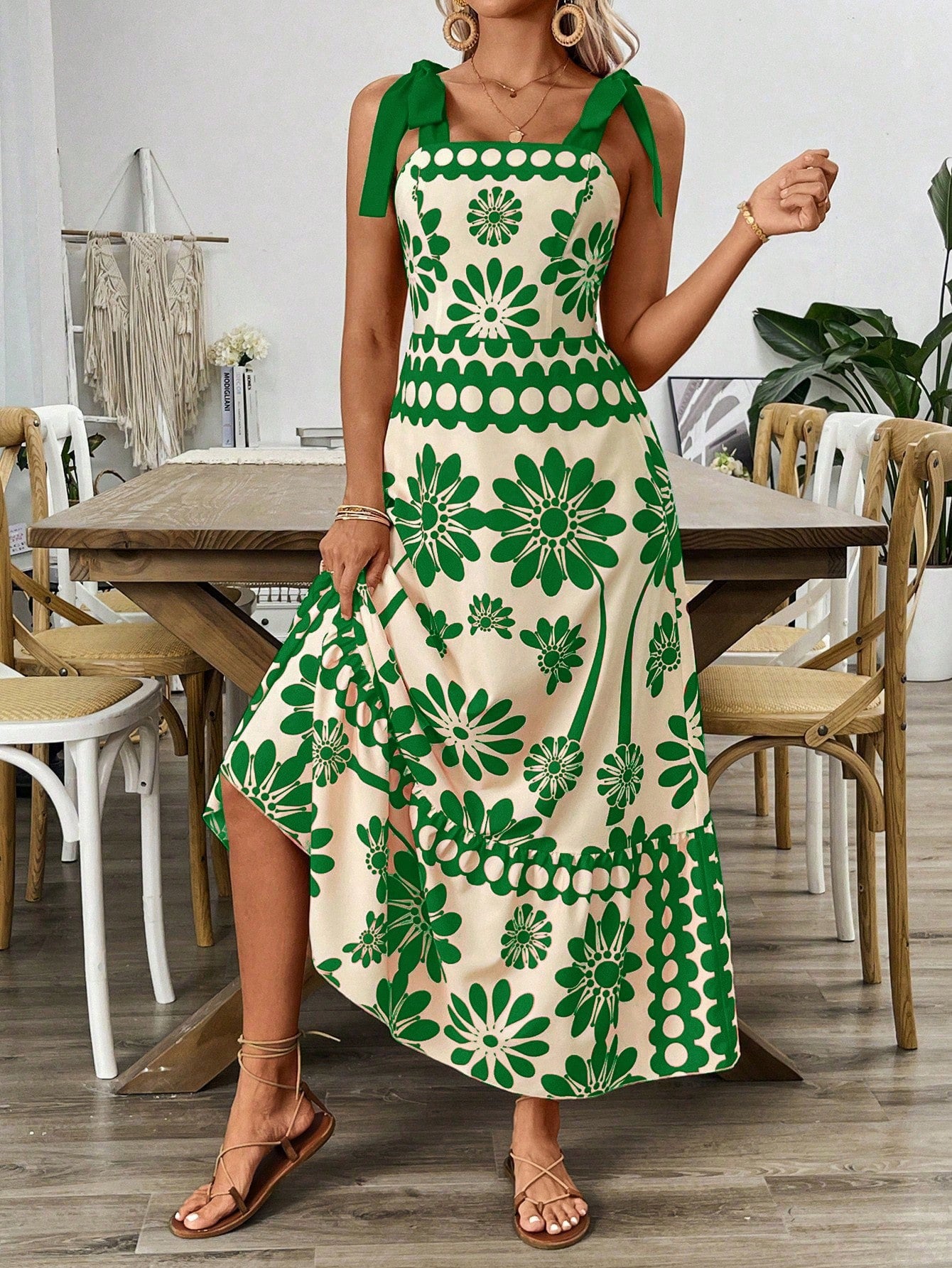 VCAY Vintage Print Laced Shoulder Cut-Out Waist Summer Maxi Dress