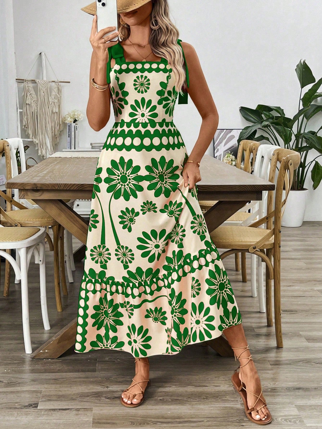 VCAY Vintage Print Laced Shoulder Cut-Out Waist Summer Maxi Dress