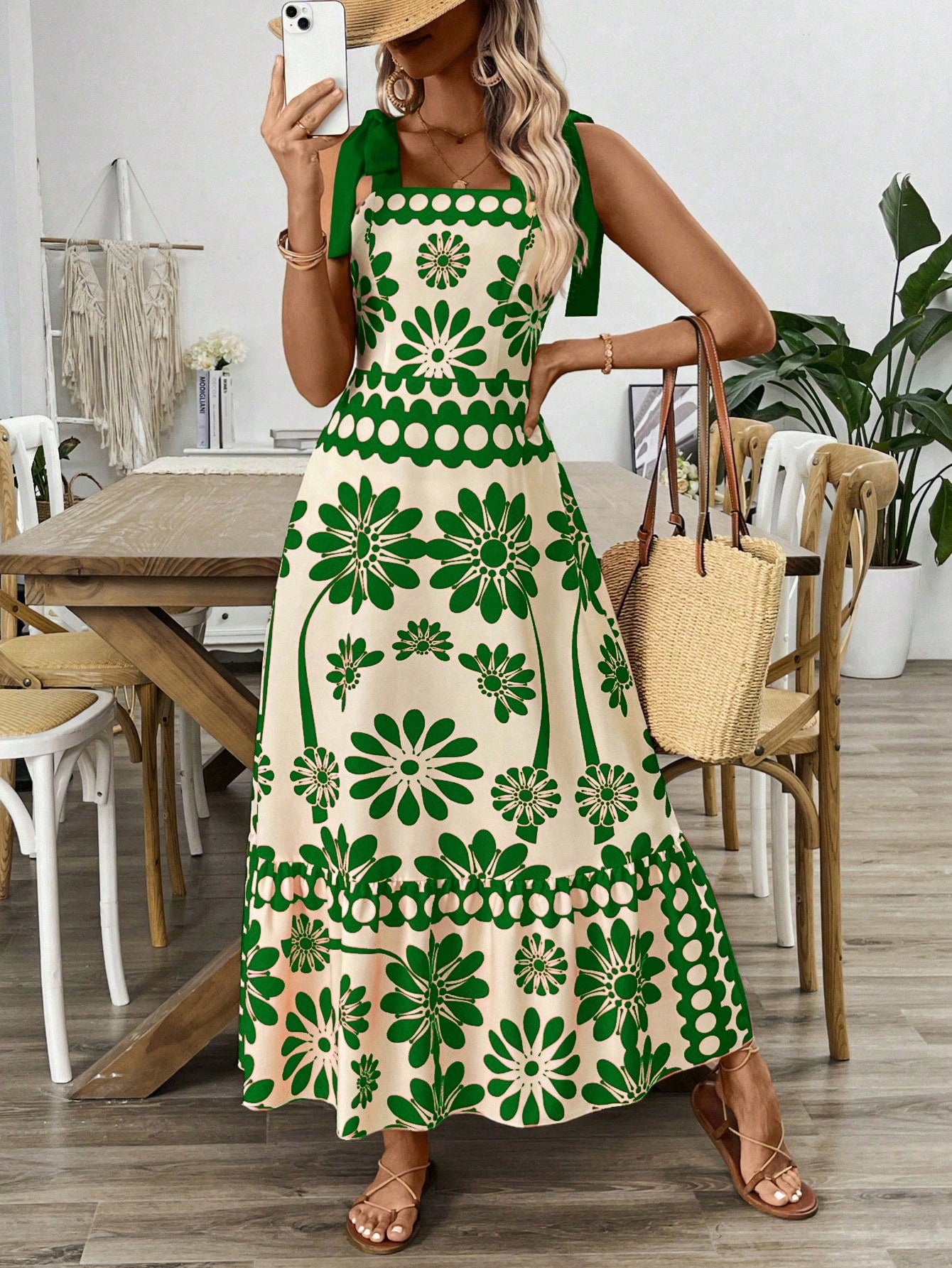 VCAY Vintage Print Laced Shoulder Cut-Out Waist Summer Maxi Dress