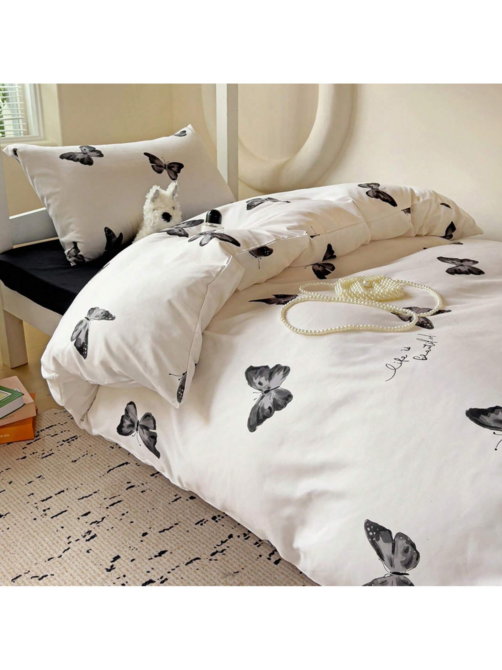 4pcs Cloud Pattern Cotton Bedding Set (1pc Duvet Cover Without Insert, 1pc Flat Sheet, 2pcs Pillowcase Without Insert), Butterfly, Plant, Star, Cartoon Printed, Oversized Design For Full/Queen Bed, Soft, Cozy, INS Style