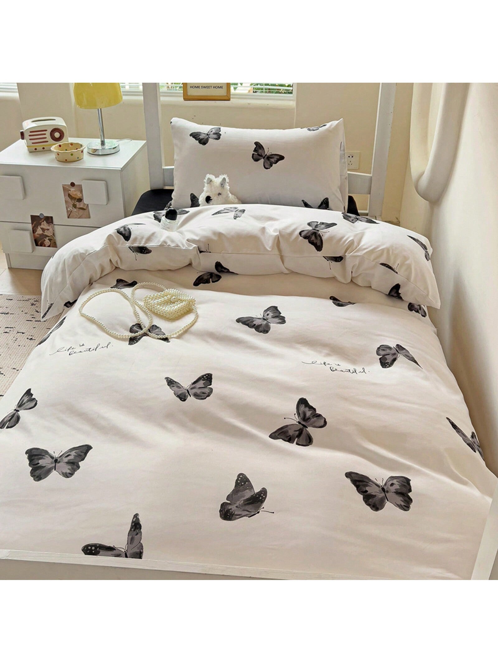 4pcs Cloud Pattern Cotton Bedding Set (1pc Duvet Cover Without Insert, 1pc Flat Sheet, 2pcs Pillowcase Without Insert), Butterfly, Plant, Star, Cartoon Printed, Oversized Design For Full/Queen Bed, Soft, Cozy, INS Style