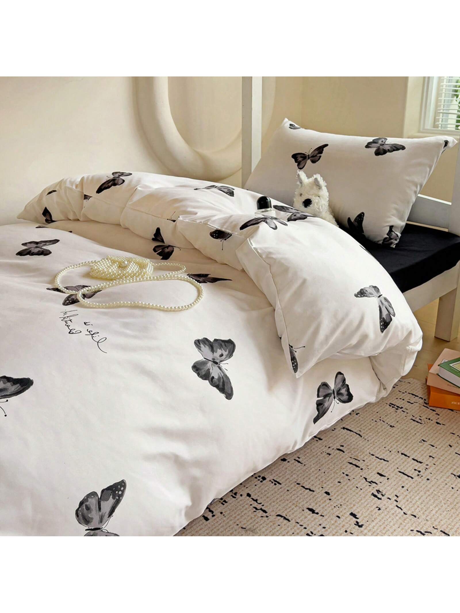 4pcs Cloud Pattern Cotton Bedding Set (1pc Duvet Cover Without Insert, 1pc Flat Sheet, 2pcs Pillowcase Without Insert), Butterfly, Plant, Star, Cartoon Printed, Oversized Design For Full/Queen Bed, Soft, Cozy, INS Style