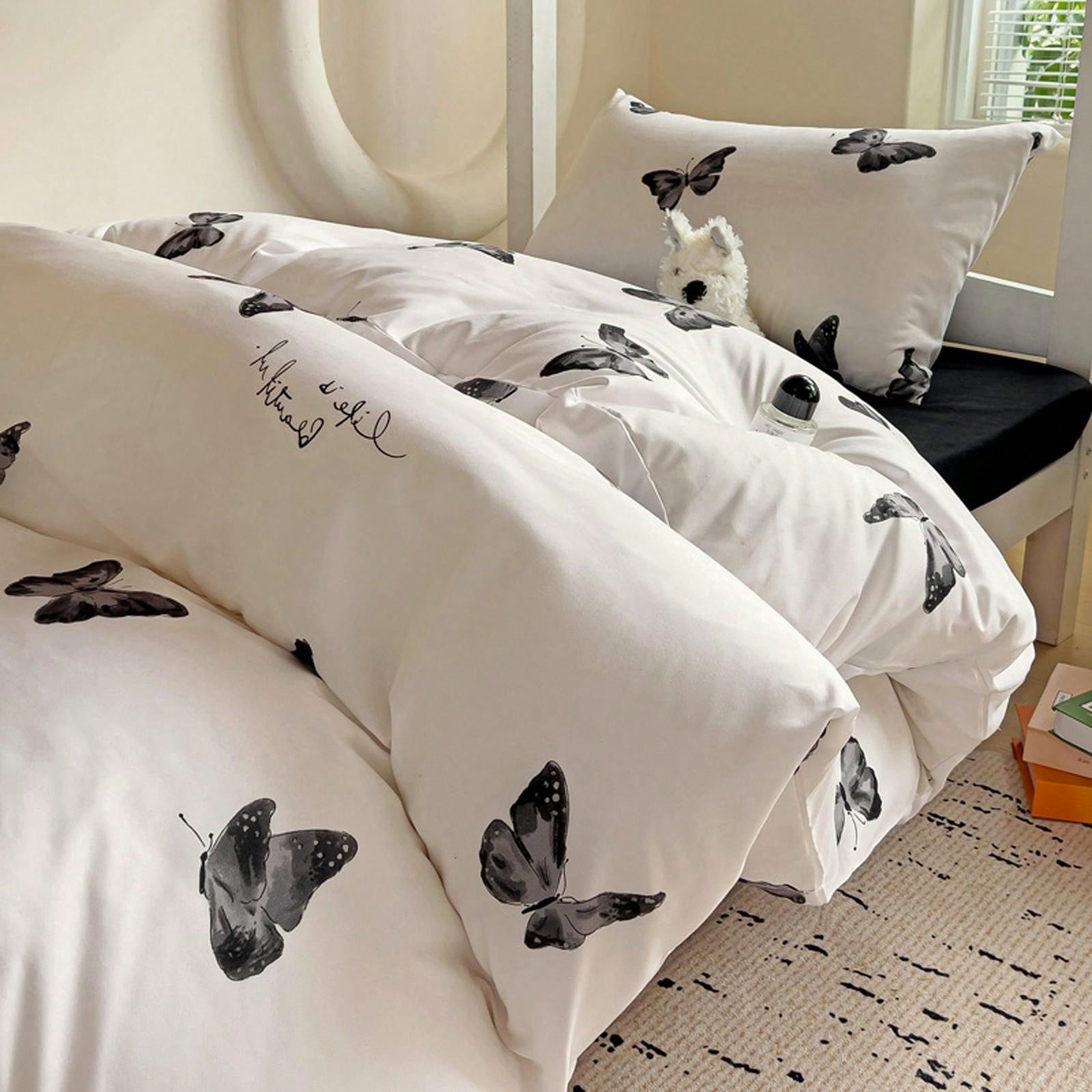 4pcs Cloud Pattern Cotton Bedding Set (1pc Duvet Cover Without Insert, 1pc Flat Sheet, 2pcs Pillowcase Without Insert), Butterfly, Plant, Star, Cartoon Printed, Oversized Design For Full/Queen Bed, Soft, Cozy, INS Style