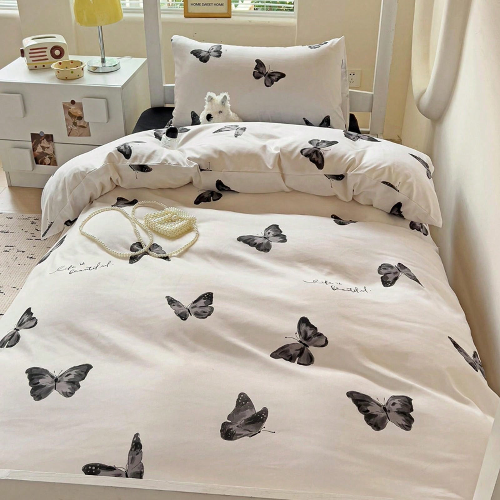 4pcs Cloud Pattern Cotton Bedding Set (1pc Duvet Cover Without Insert, 1pc Flat Sheet, 2pcs Pillowcase Without Insert), Butterfly, Plant, Star, Cartoon Printed, Oversized Design For Full/Queen Bed, Soft, Cozy, INS Style