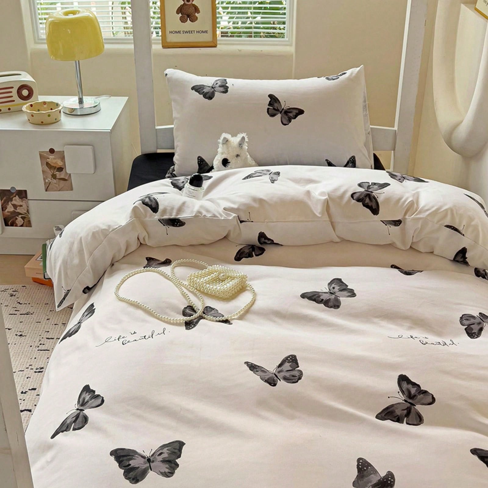 4pcs Cloud Pattern Cotton Bedding Set (1pc Duvet Cover Without Insert, 1pc Flat Sheet, 2pcs Pillowcase Without Insert), Butterfly, Plant, Star, Cartoon Printed, Oversized Design For Full/Queen Bed, Soft, Cozy, INS Style