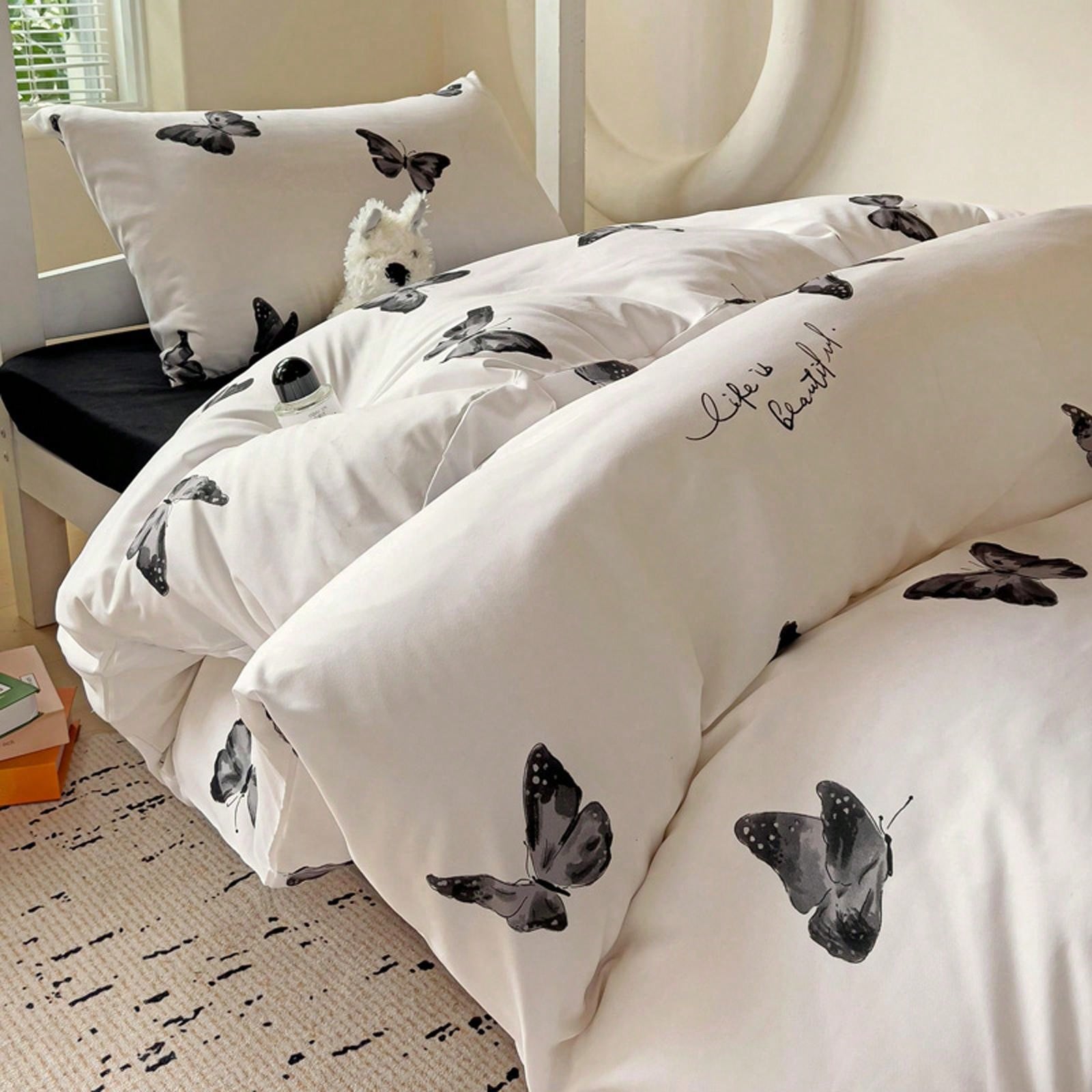 4pcs Cloud Pattern Cotton Bedding Set (1pc Duvet Cover Without Insert, 1pc Flat Sheet, 2pcs Pillowcase Without Insert), Butterfly, Plant, Star, Cartoon Printed, Oversized Design For Full/Queen Bed, Soft, Cozy, INS Style