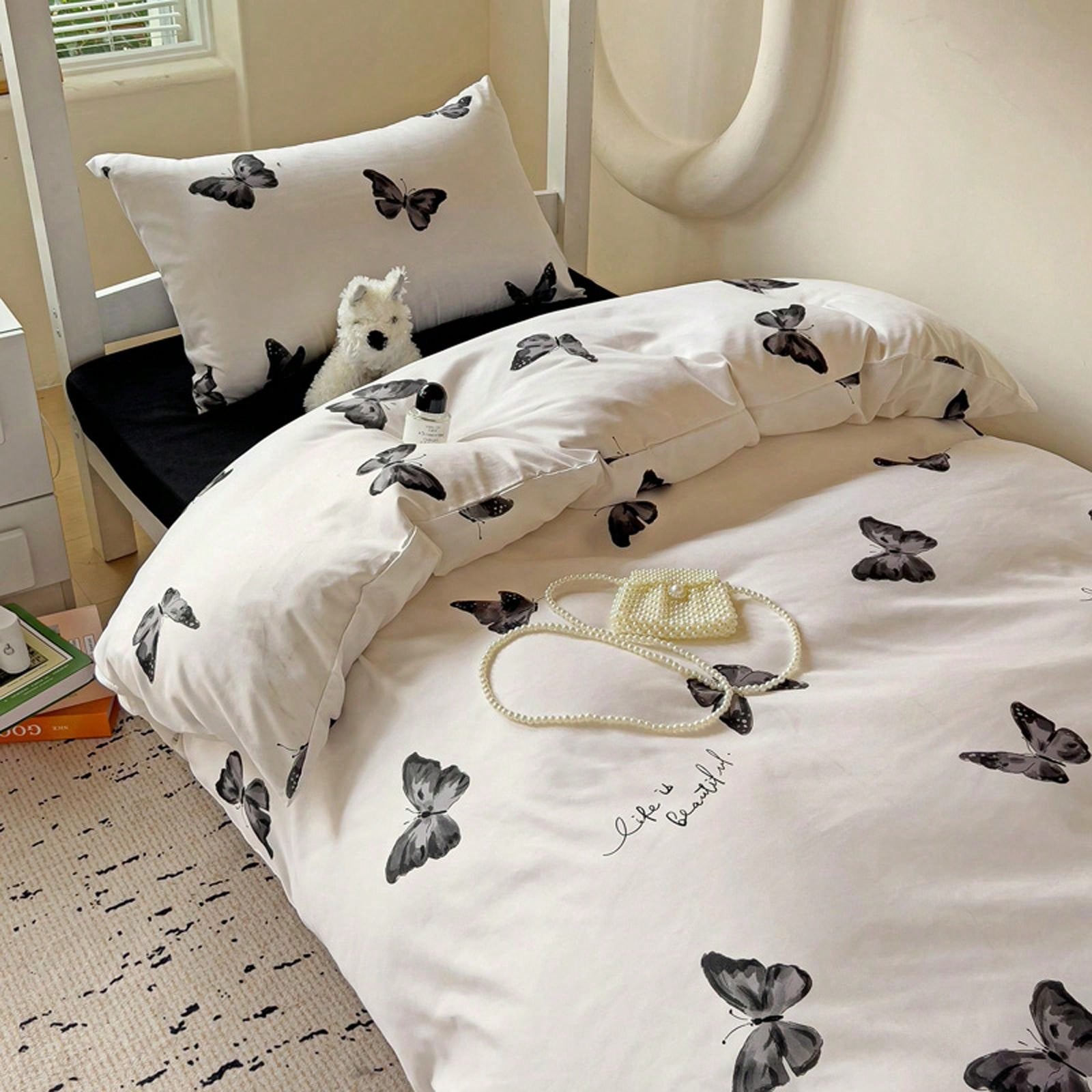 4pcs Cloud Pattern Cotton Bedding Set (1pc Duvet Cover Without Insert, 1pc Flat Sheet, 2pcs Pillowcase Without Insert), Butterfly, Plant, Star, Cartoon Printed, Oversized Design For Full/Queen Bed, Soft, Cozy, INS Style