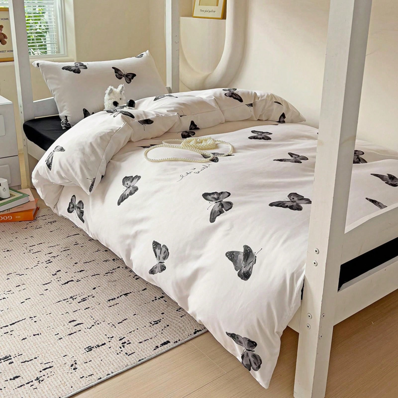 4pcs Cloud Pattern Cotton Bedding Set (1pc Duvet Cover Without Insert, 1pc Flat Sheet, 2pcs Pillowcase Without Insert), Butterfly, Plant, Star, Cartoon Printed, Oversized Design For Full/Queen Bed, Soft, Cozy, INS Style