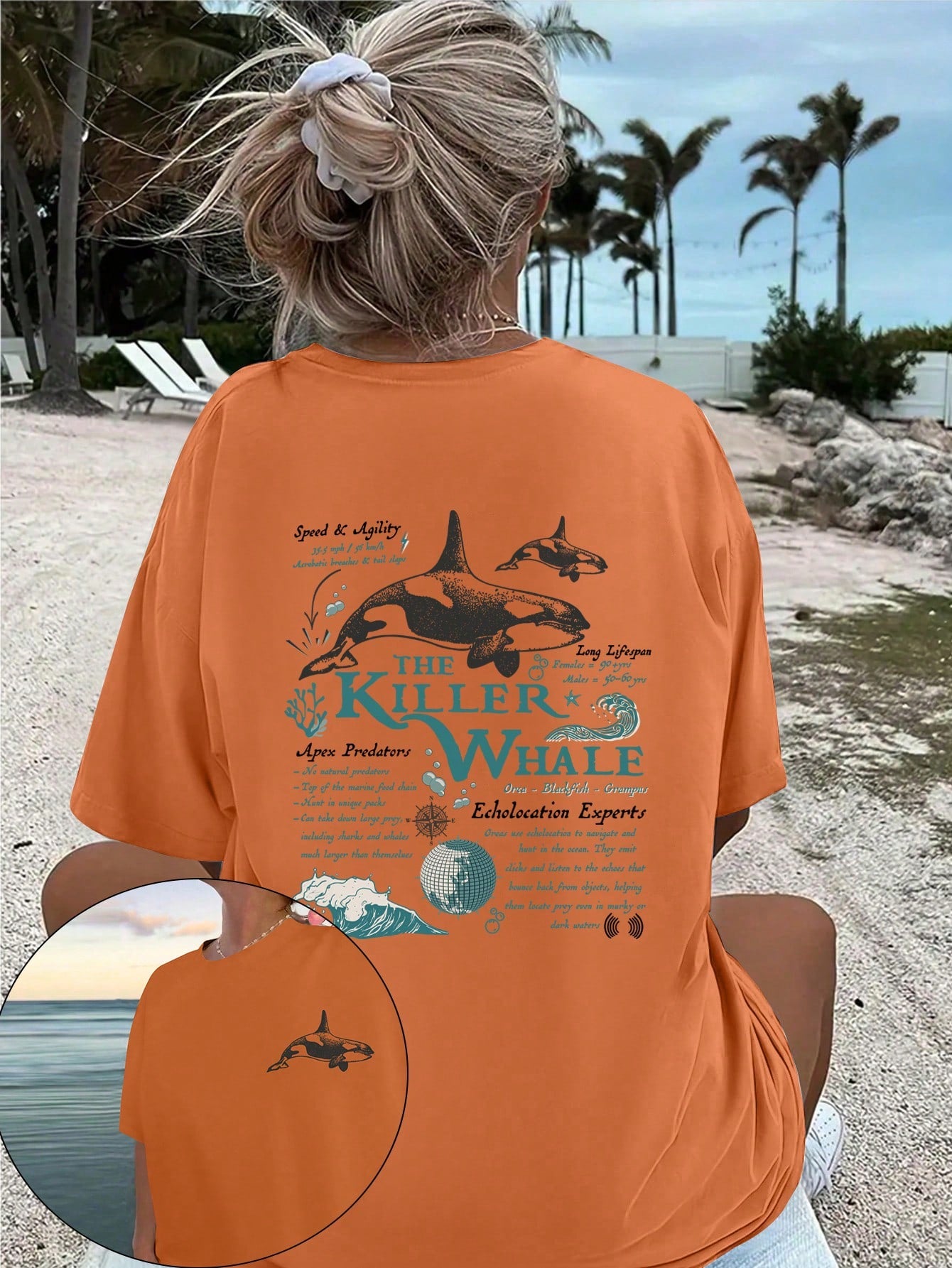 EZwear Loose Fit Graphic T-Shirt With Ocean Life Whale Print, Summer Round Neck Tee THE KILLER WHALE