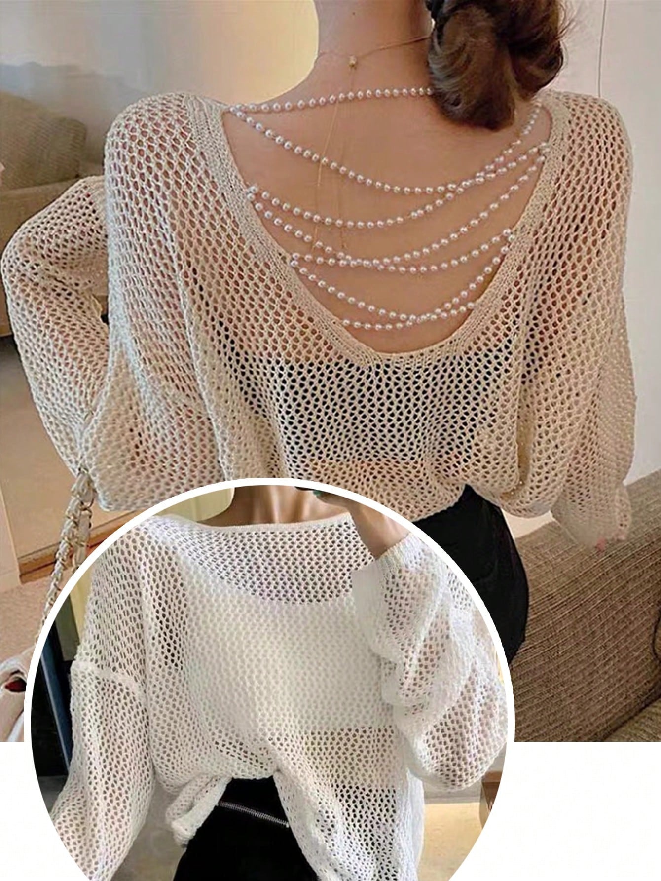 Essnce Plus Size Fashionable Simple Hollow Out Design Beaded Decorated Pullover Sweater