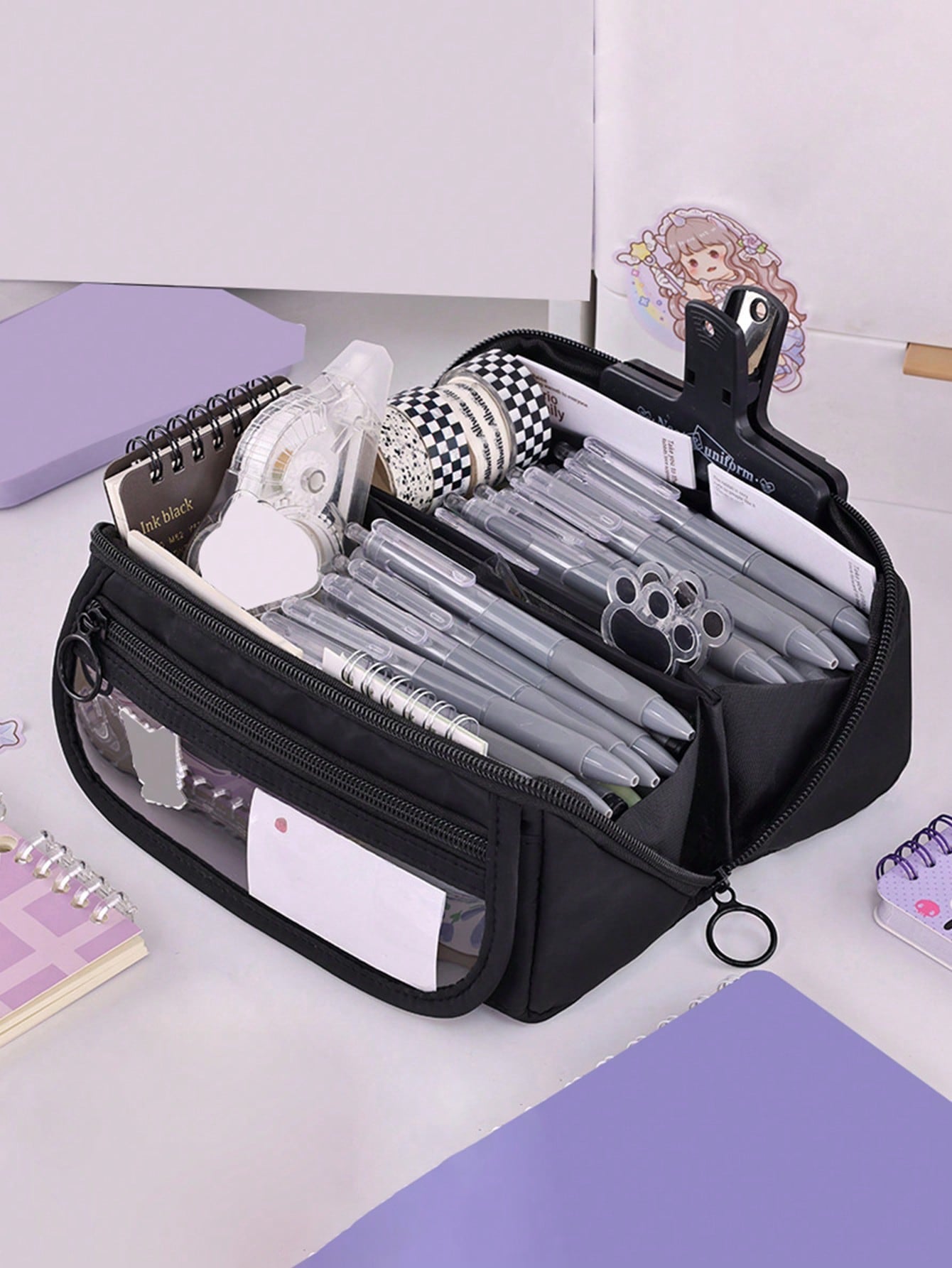 1pc New Large Capacity Upgrade Window Prism Flap Student Stationery Storage Box, Can Be Used To Store Pen Class Ruler Hand Tent Tape, Campus Series Back-To-School Exam Special Canvas Pen Bag, Multi-Functional Dormitory Desktop Makeup Oh Desktop Accessori