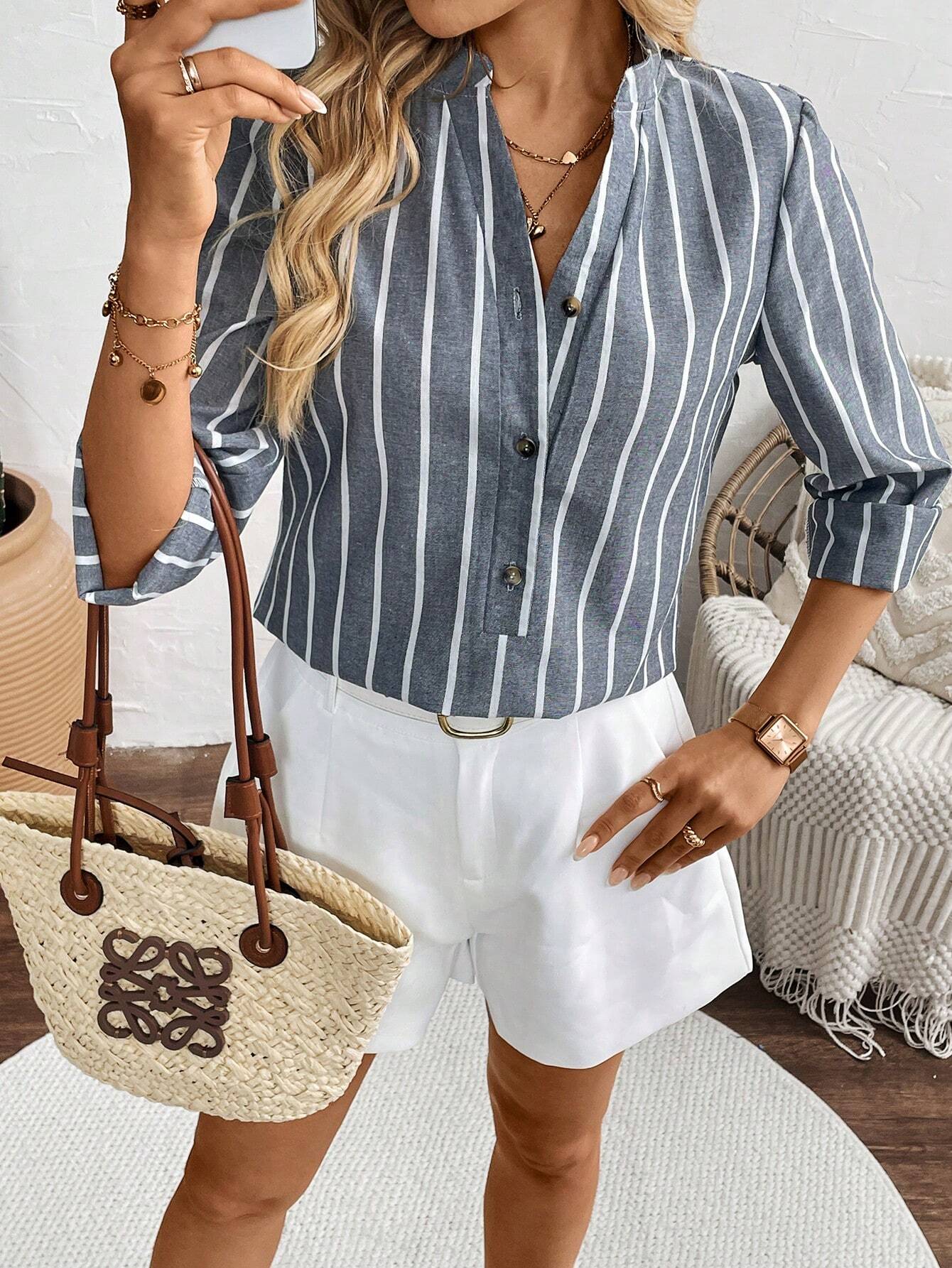 LUNE Cotton And Linen Loose Casual Striped Women's Shirt