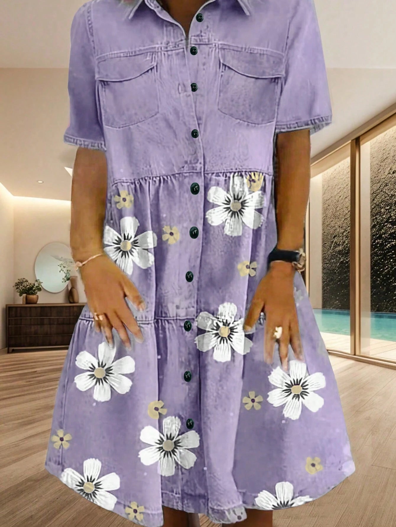 SHEIN LUNE Plus Floral Print Flap Pocket Shirt Dress For Summer