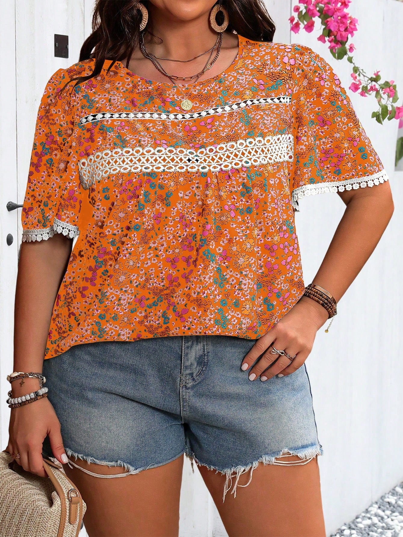 Frenchy Plus Size Crew Neck Short Sleeve All-Over Allover Print Casual Loose And Comfortable Shirt