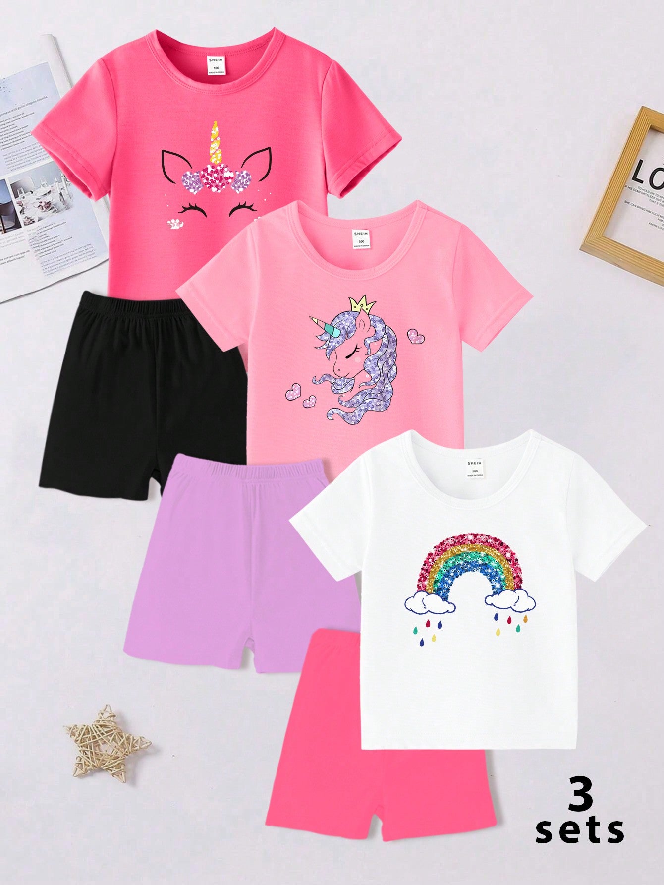 3pcs/Set Young Girl Fashionable And Cute Cartoon Unicorn Rainbow Pattern Printed Short Sleeve T-Shirt And Shorts Set