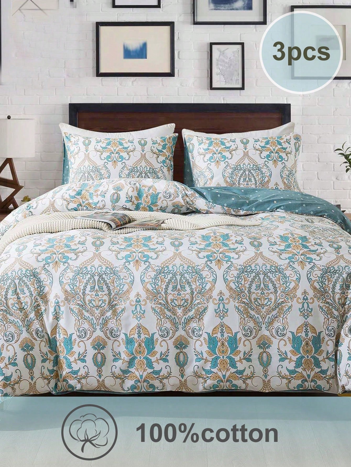 3pcs Blue Paisley Polka Dot Print Classic Luxury Comfortable Duvet Cover Set