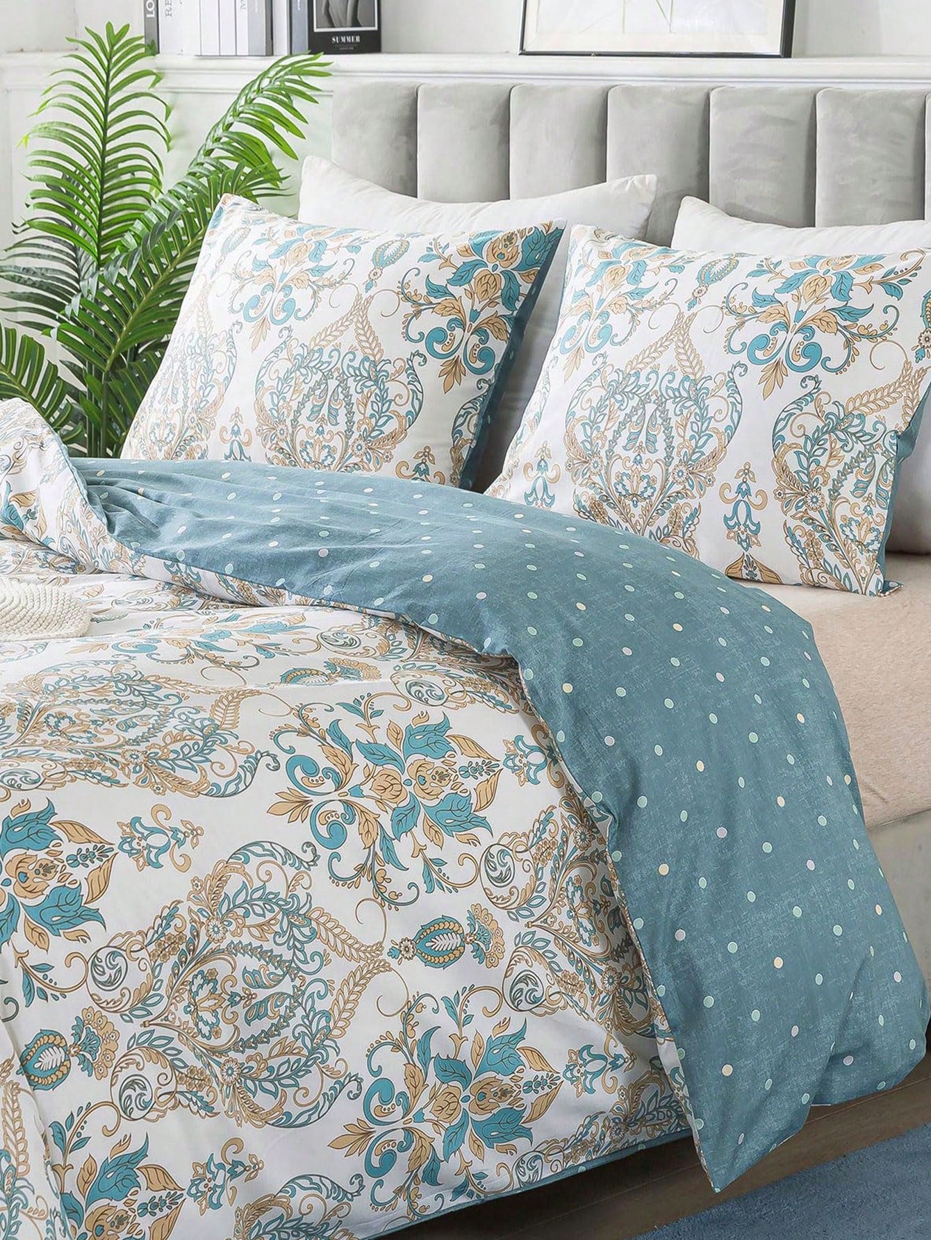 3pcs Blue Paisley Polka Dot Print Classic Luxury Comfortable Duvet Cover Set