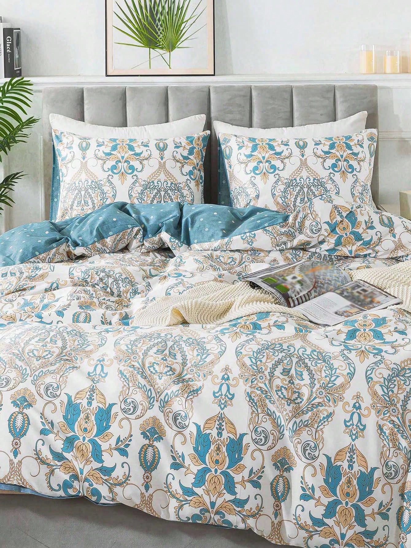 3pcs Blue Paisley Polka Dot Print Classic Luxury Comfortable Duvet Cover Set