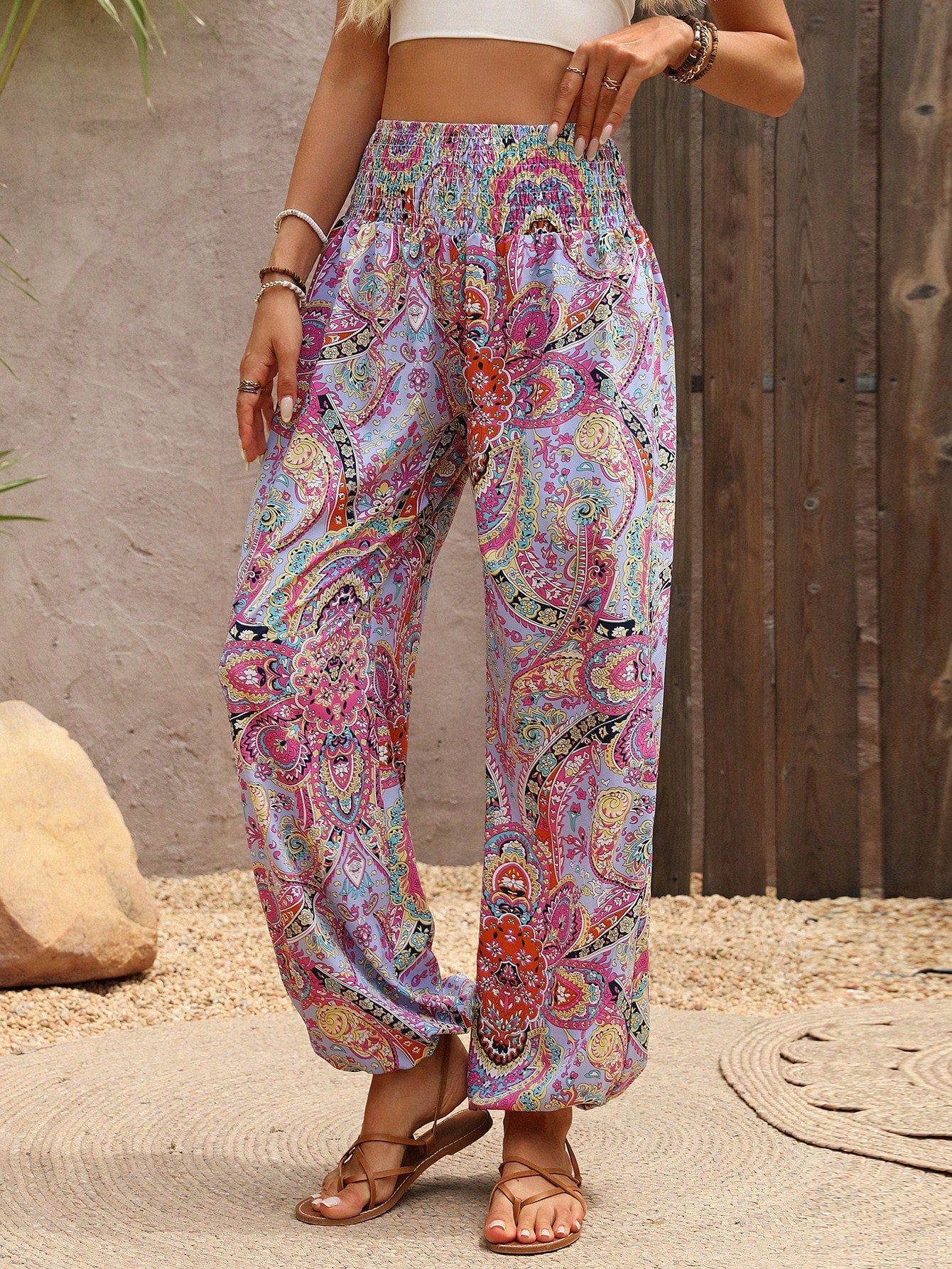 Holidaya Paisley Print Drawstring Waist Tapered Leg Casual Palazzo Pants