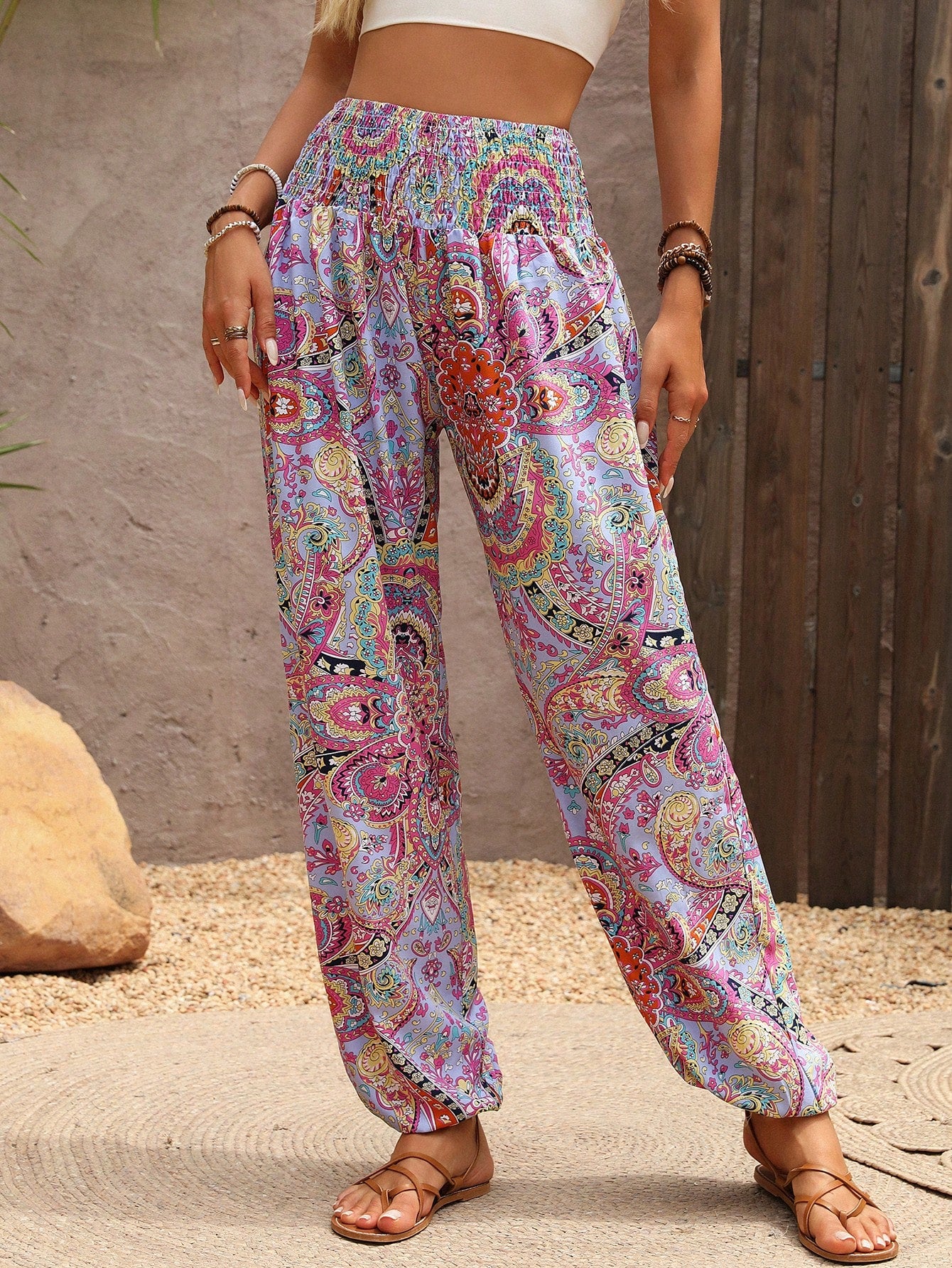 Holidaya Paisley Print Drawstring Waist Tapered Leg Casual Palazzo Pants