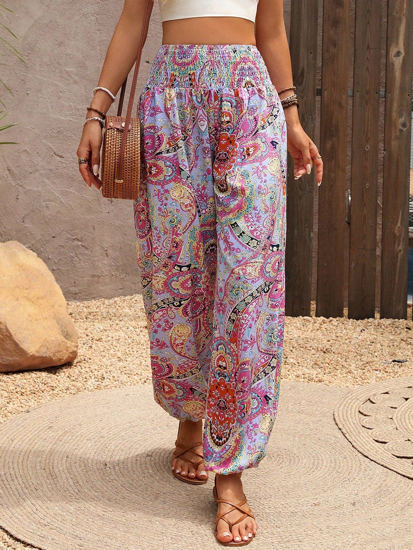 Holidaya Paisley Print Drawstring Waist Tapered Leg Casual Palazzo Pants