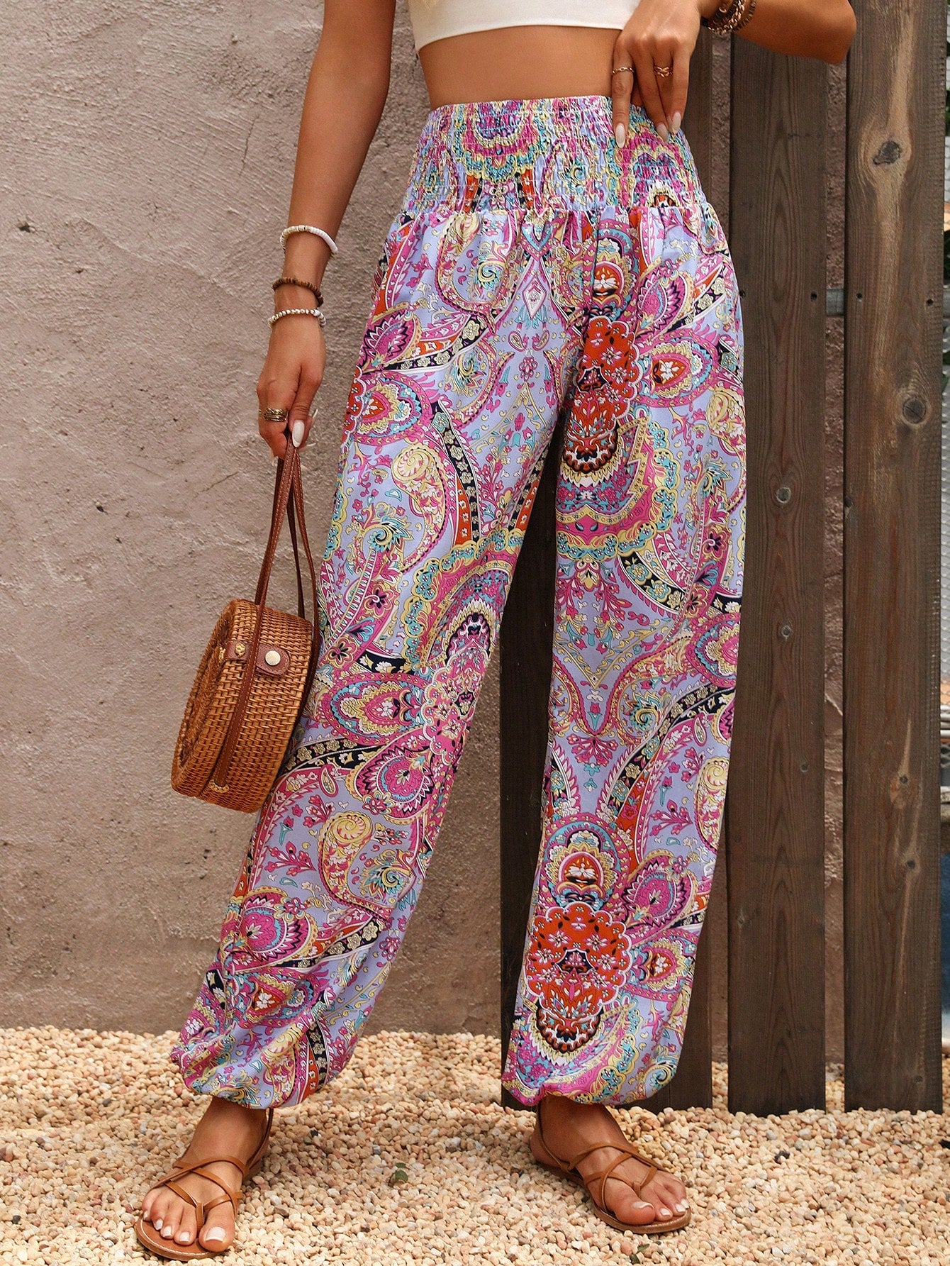 Holidaya Paisley Print Drawstring Waist Tapered Leg Casual Palazzo Pants